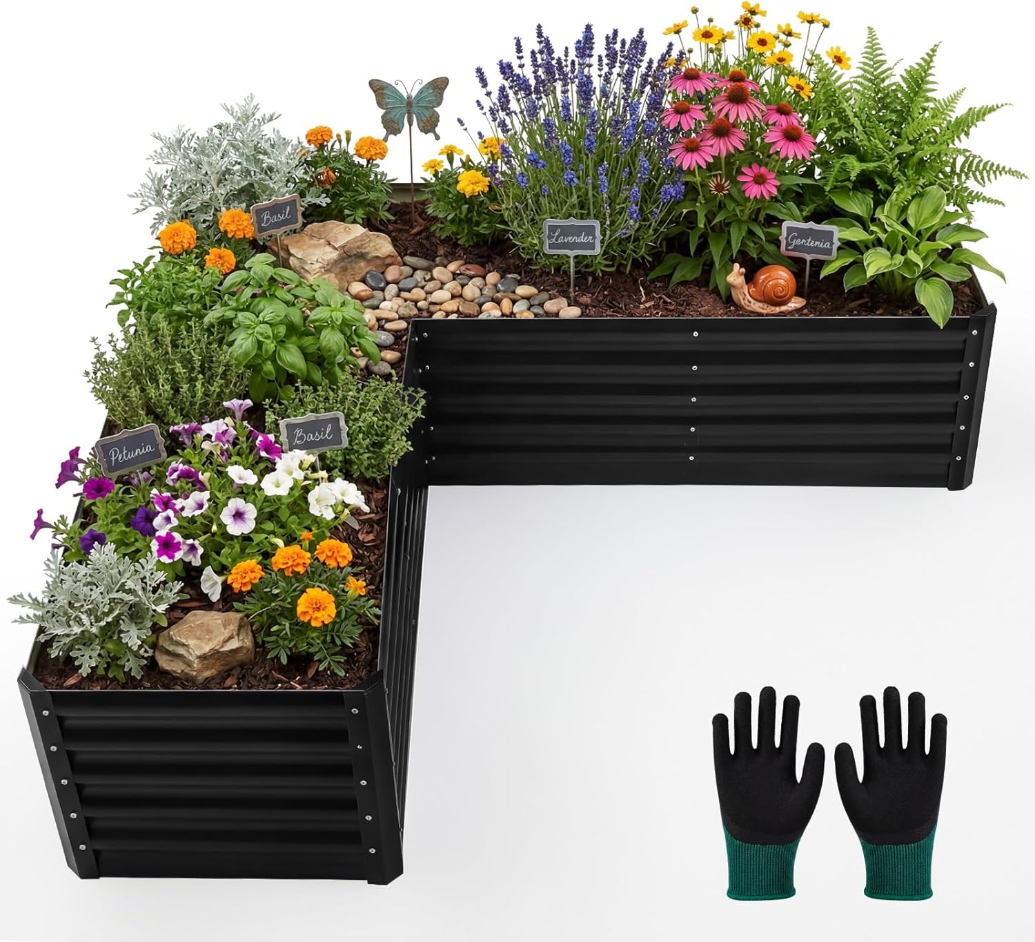 6.2x6.2x1.5 ft Raised Galvanized Garden Beds Outdoor L Shaped, Large Corner Metal Deep Root Planter Box with Gloves for Planting Vegetable Flower Herb, Anti Rust, Easy Setup, Gray (Square)