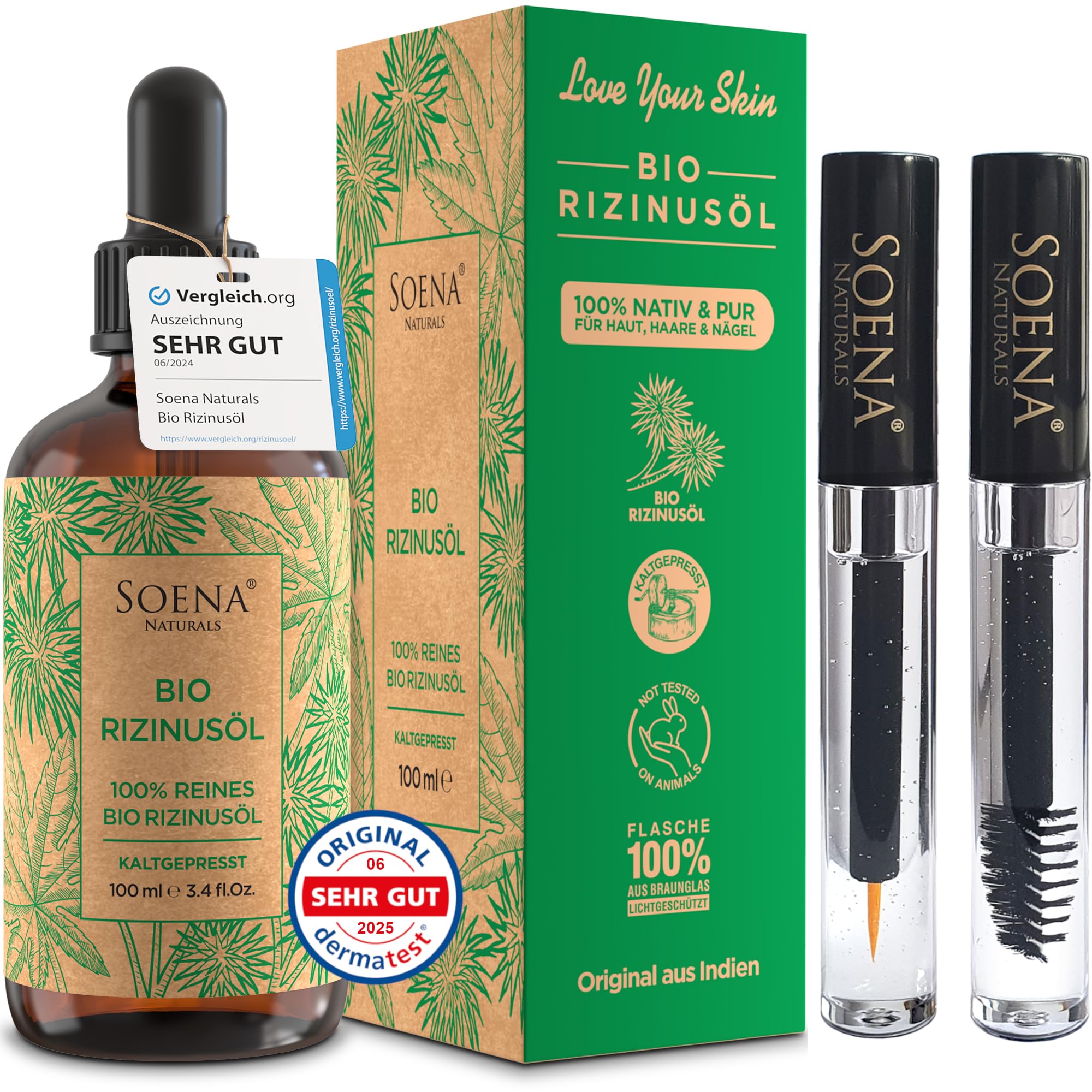 BIO RIZINUSÖL 100% REIN Kaltgepresst + Wimpernfläschen Kit - Haarwachstum | Für Haare Wimpern Augenbrauen & Haut | Haaröl & Gesichtsöl Made in Germany - Hexanfrei