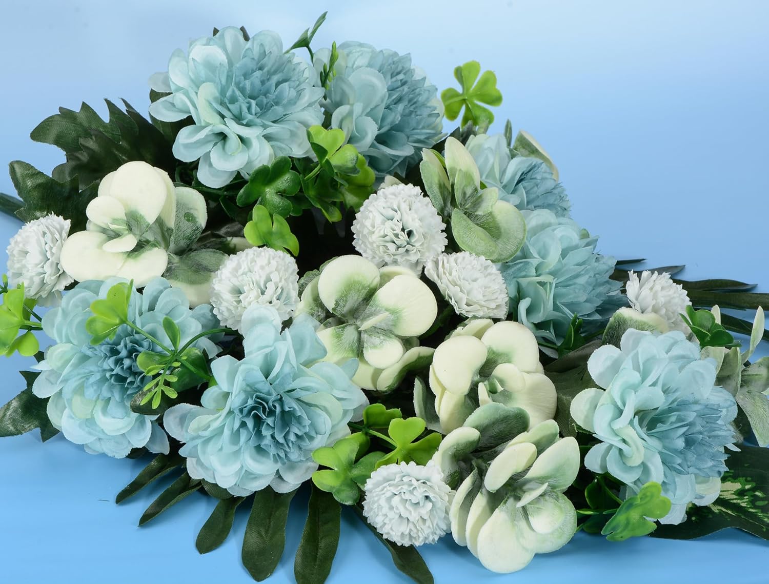 Artificial Cemetery Flowers, Bulbous Chrysanthemum Flowers Greenery Bouquet for Grave Decoration, Set of 2 Spring Memorial Flowers with Vase (Blue)