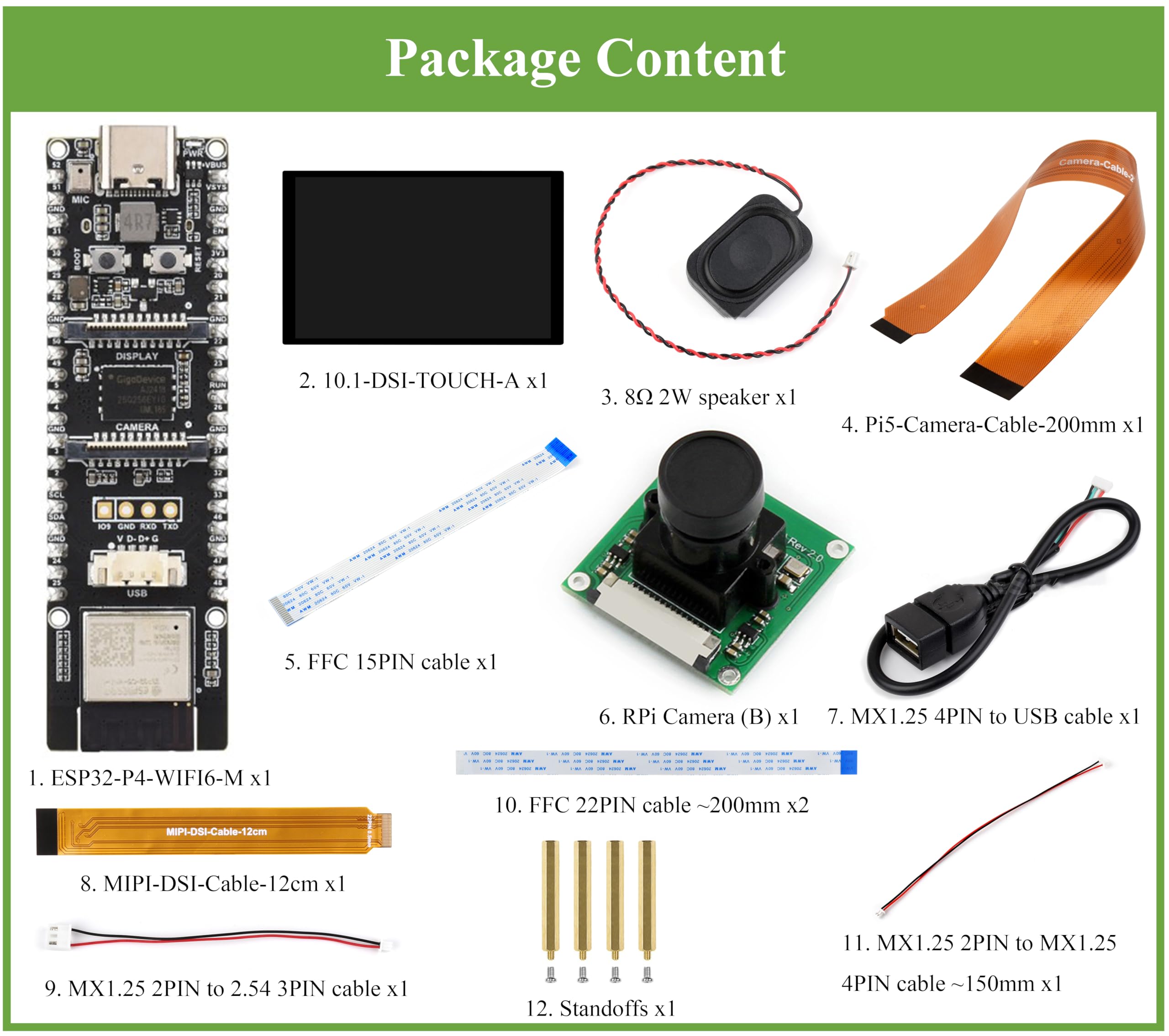 AI ESP32-P4-WIFI6 Development Board with Pre-Soldered Header, Based On ESP32-P4 and ESP32-C6, Supports Wi-Fi 6/Bluetooth 5, Supports AI Speech Interaction, Bundle with Speaker, Camera, LCD -12 Items