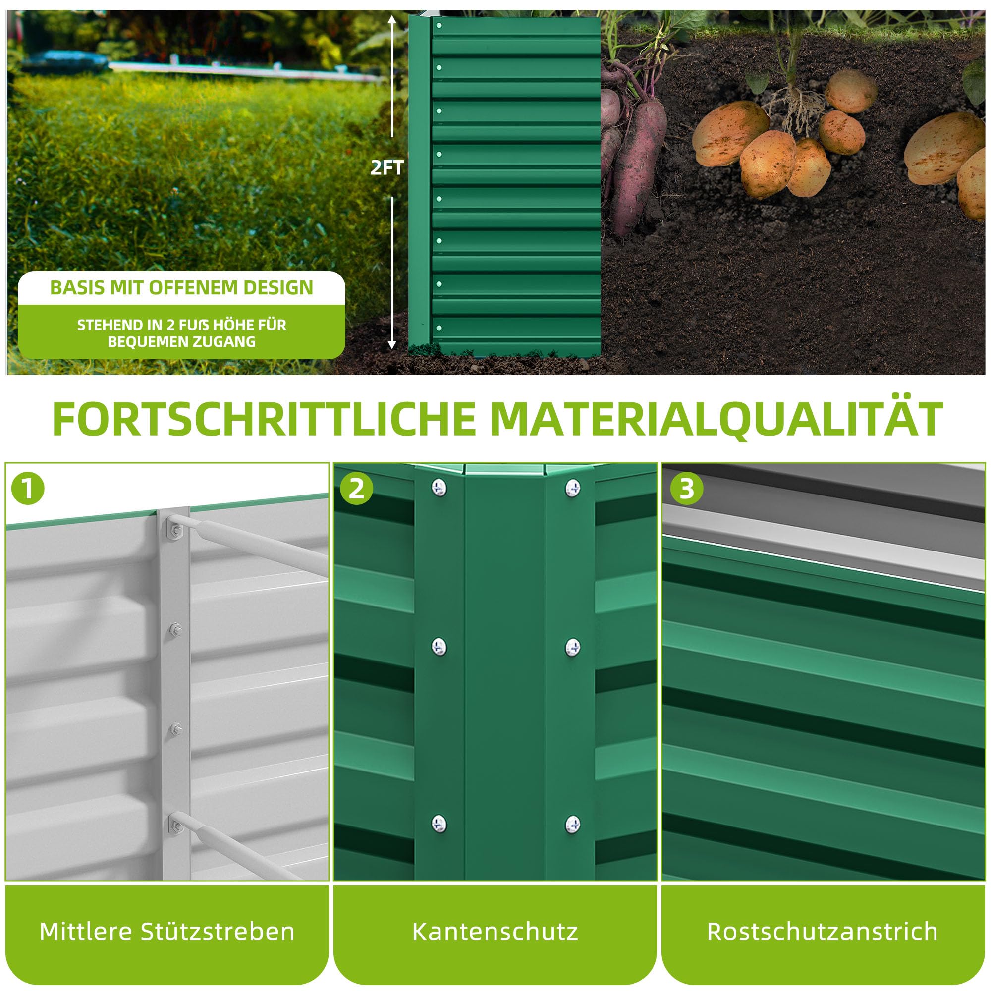 DWVO Hochbeet Metall 180x90x60cm mit Handschuhen, Gartenhochbeet aus Stahl, Rostfrei & Wetterfest, Stabiles verzinktes Beet mit Sicherheitsgummi für Gemüse Blumen Obst, Grün