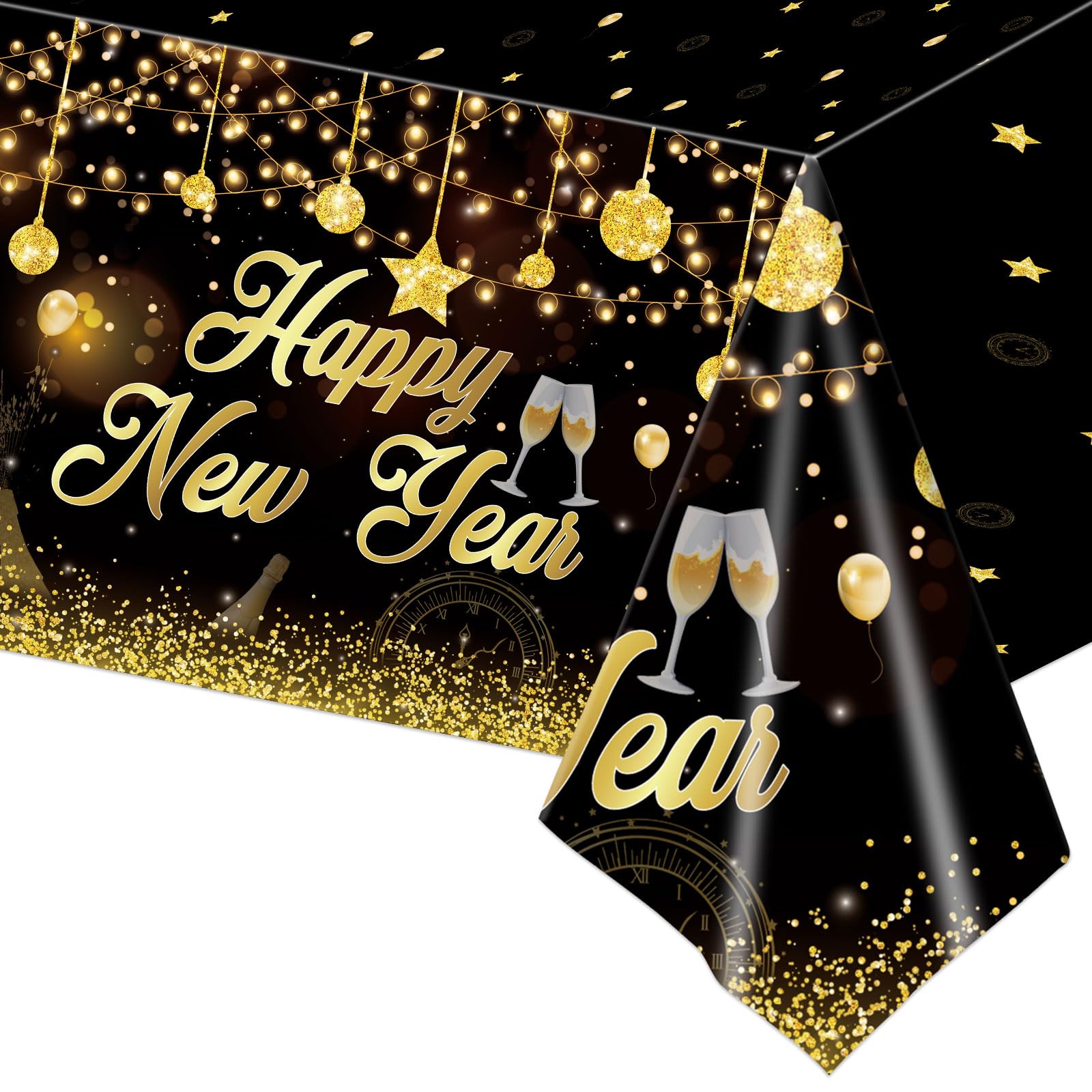 Fogcosy Black,Gold Happy New Year Table Cloth, New Years Eve Decorations 2026, 4.49 X 8.99 Feet Black Gold Rectangular Table Cloths, Plastic Tablecloth For 2026 New Year's Eve Party Supplies