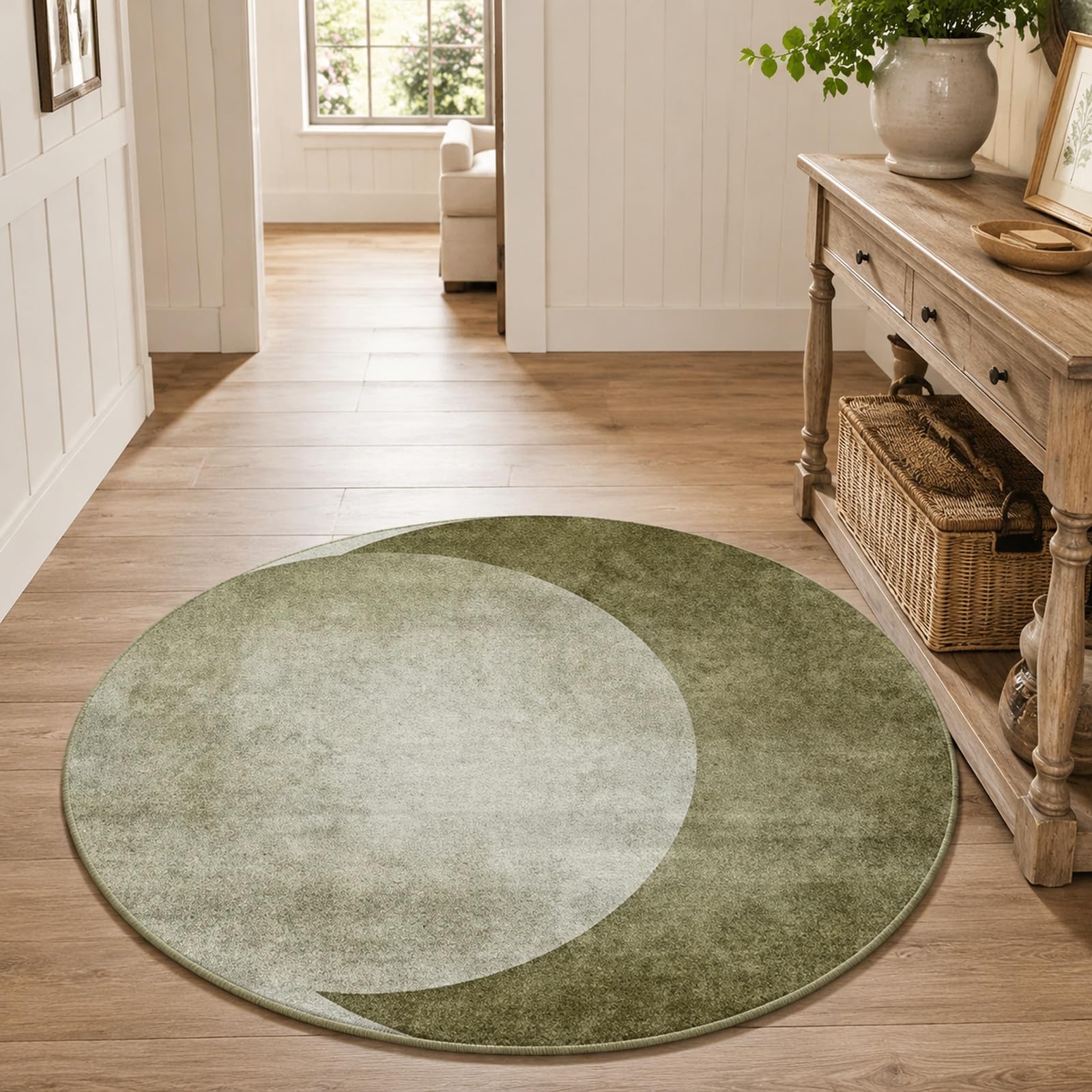 Tapis rond géométrique moderne vert et beige de 110 cm