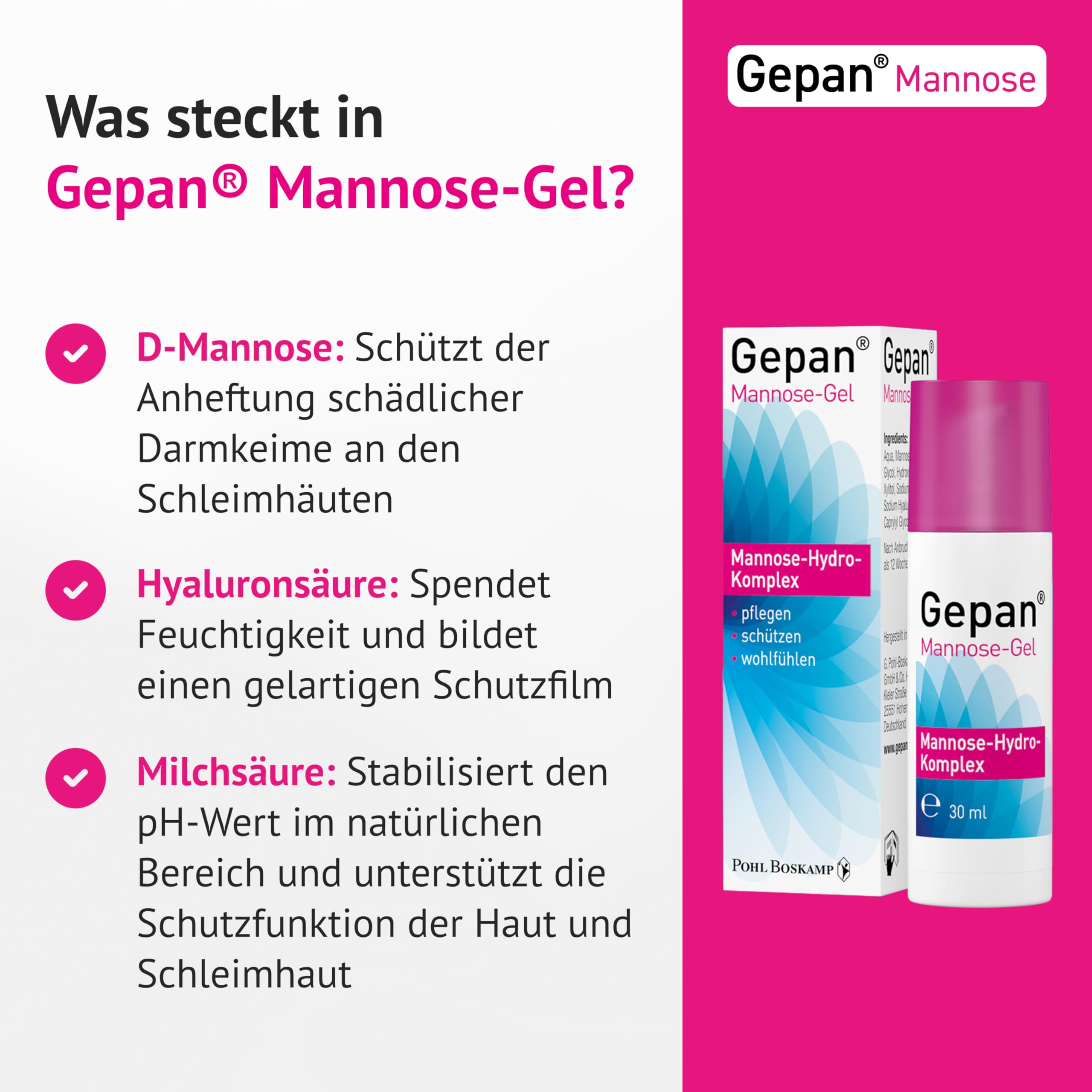 Gepan Żel mannozowy, 30 ml: pielęgnacja intymna z czynnikiem ochronnym – mannoza i kwas hialuronowy – wspomaga barierę skóry w okolicach intymnych, bez parabenów, ochrona przed infekcjami, np