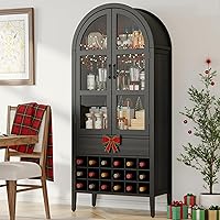 ONBRILL 71" Arched Wine Bar Cabinet with Doors, Shelves & 18-Bottle Storage - Black Liquor Cabinet for Kitchen, Living Room, Pantry