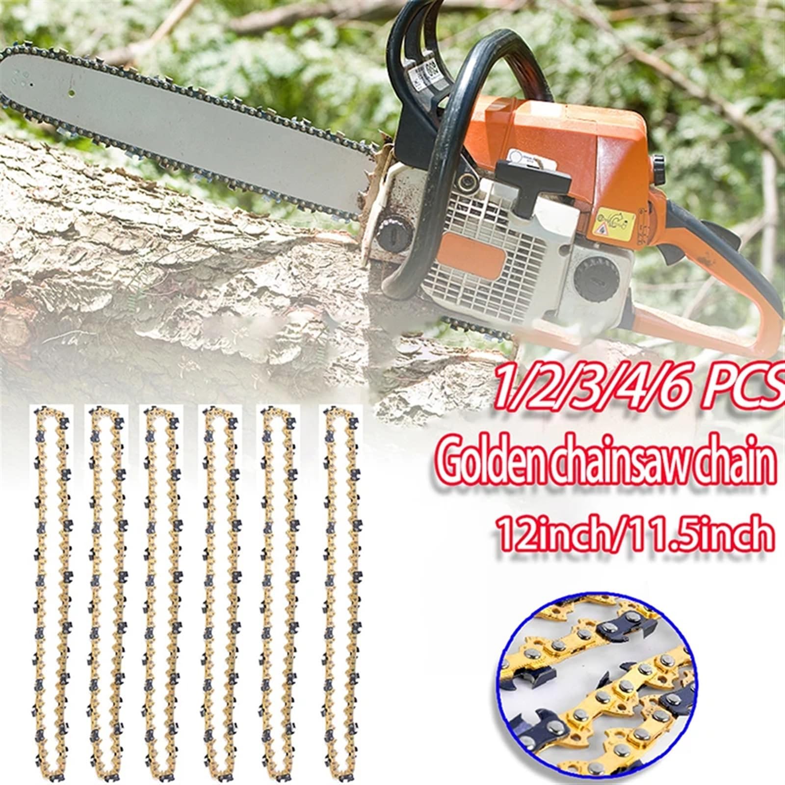 Cadena de motosierra Herramienta de carpintería for jardín, cadena de motosierra de 12 ", 45DL, paso LP de 3/8", piezas de sierra eléctrica semicincel de poda de corte de 050" universal(6 x Chain)