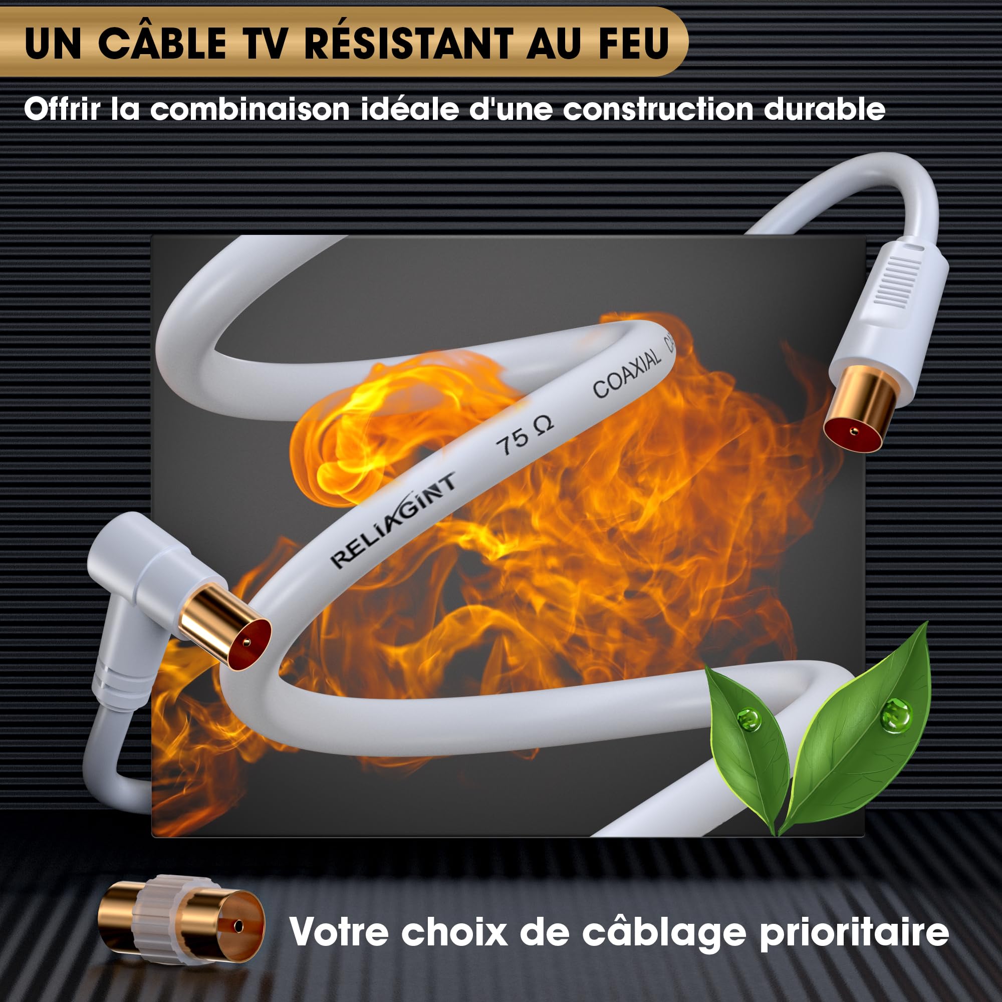 Câble antenne TV 2m coaxial 75 Ohm IEC mâle à mâle double blindage cuivre pur
