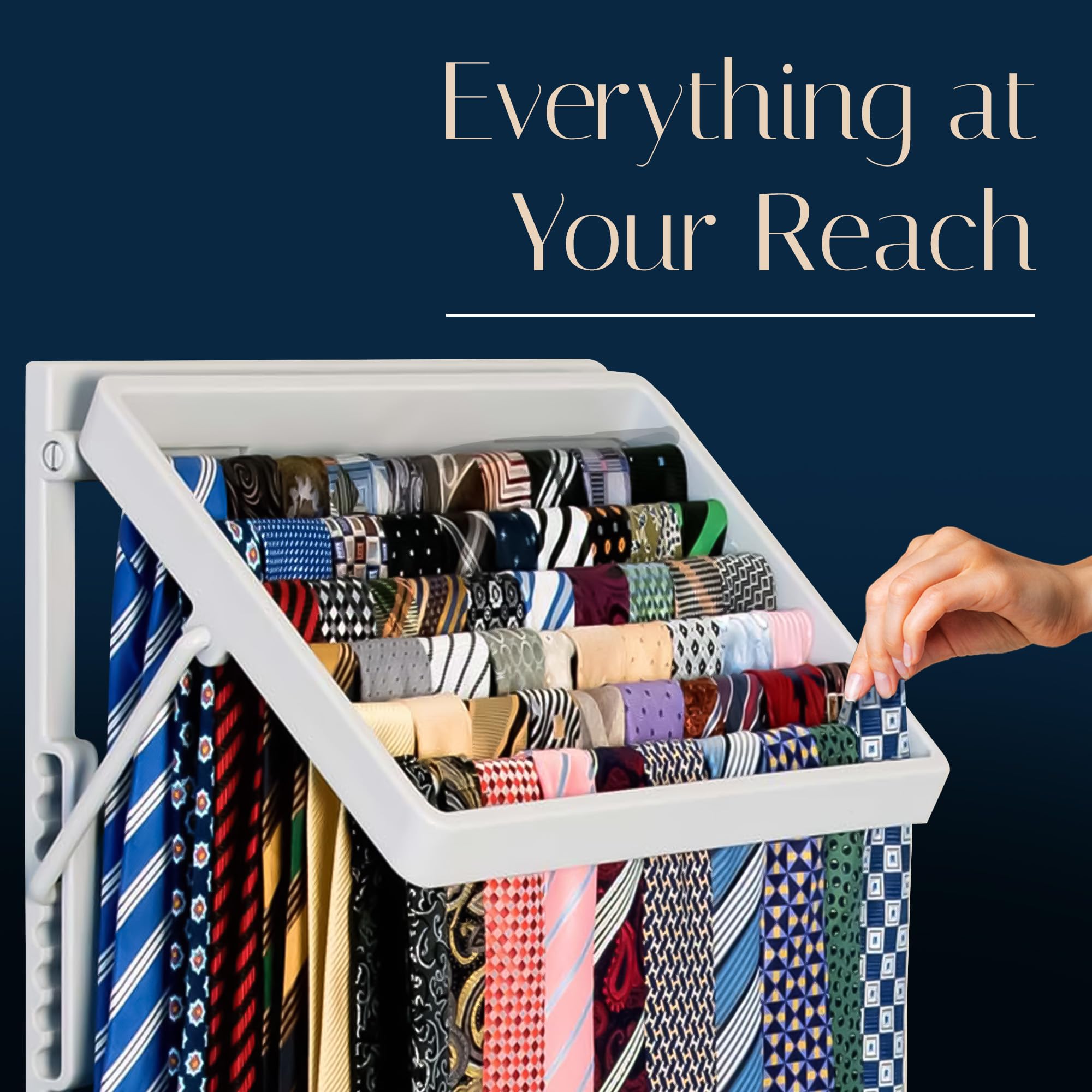 TieMaster Krawattenhalter und Schal-Organizer, batteriefreies Design, hält 60 Krawatten und Schals mit 5 Gürtelhaken, einfache Installation, wandmontierter Krawatten-Organizer, für Männer und Frauen