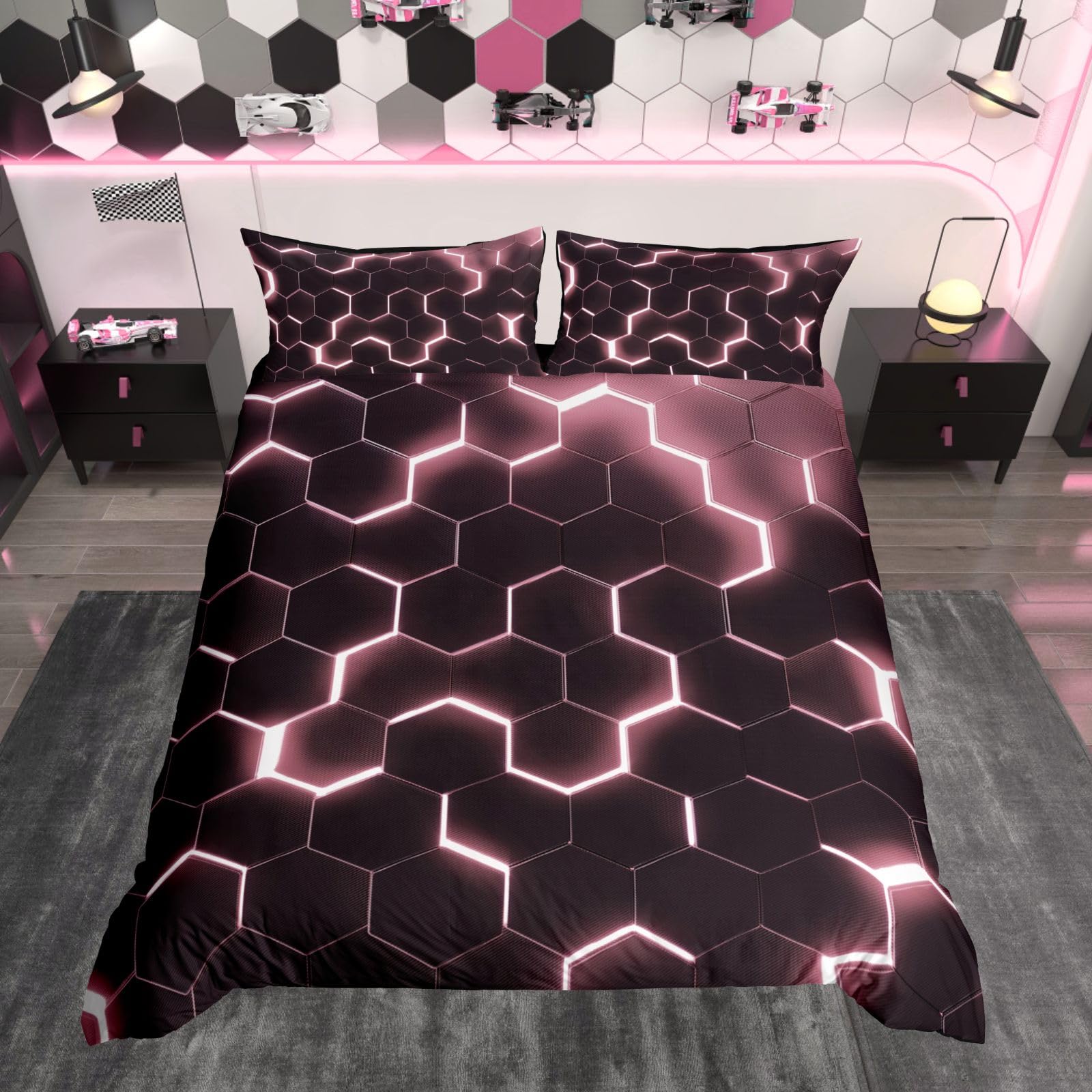 Homewish Honeycomb Double Bed Duvet Set Pink Geometric Bedding Sets for Girls Women Bedroom Decor, Modern Neon Beehive Simplistic Comforter Cover Hexagon Black Bedding & Linen 3Pcs