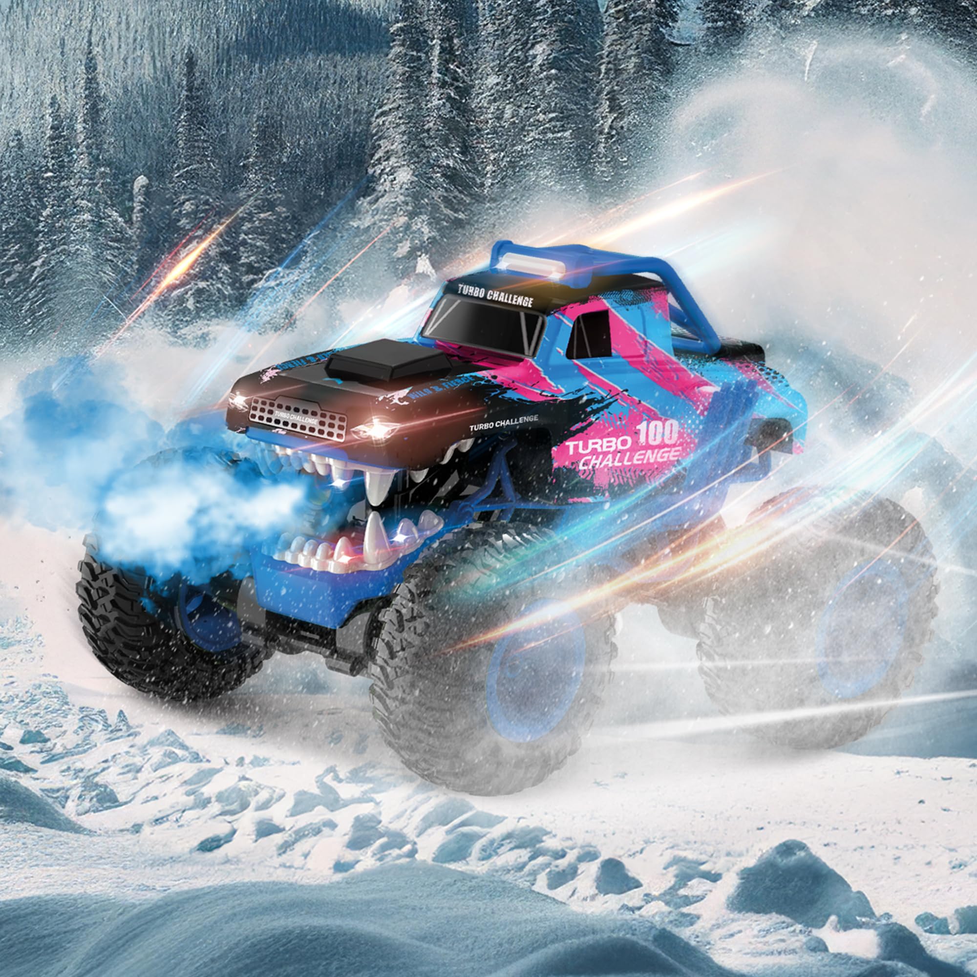 TURBO CHALLENGE - Turbo Roar 100 - Cascade - 1/12-095360 - Voiture Télécommandée - Bleu - Prêt à Rouler - Option Fumée - Batterie Rechargeable et Piles incluses - Plastique - À Partir de 6 Ans