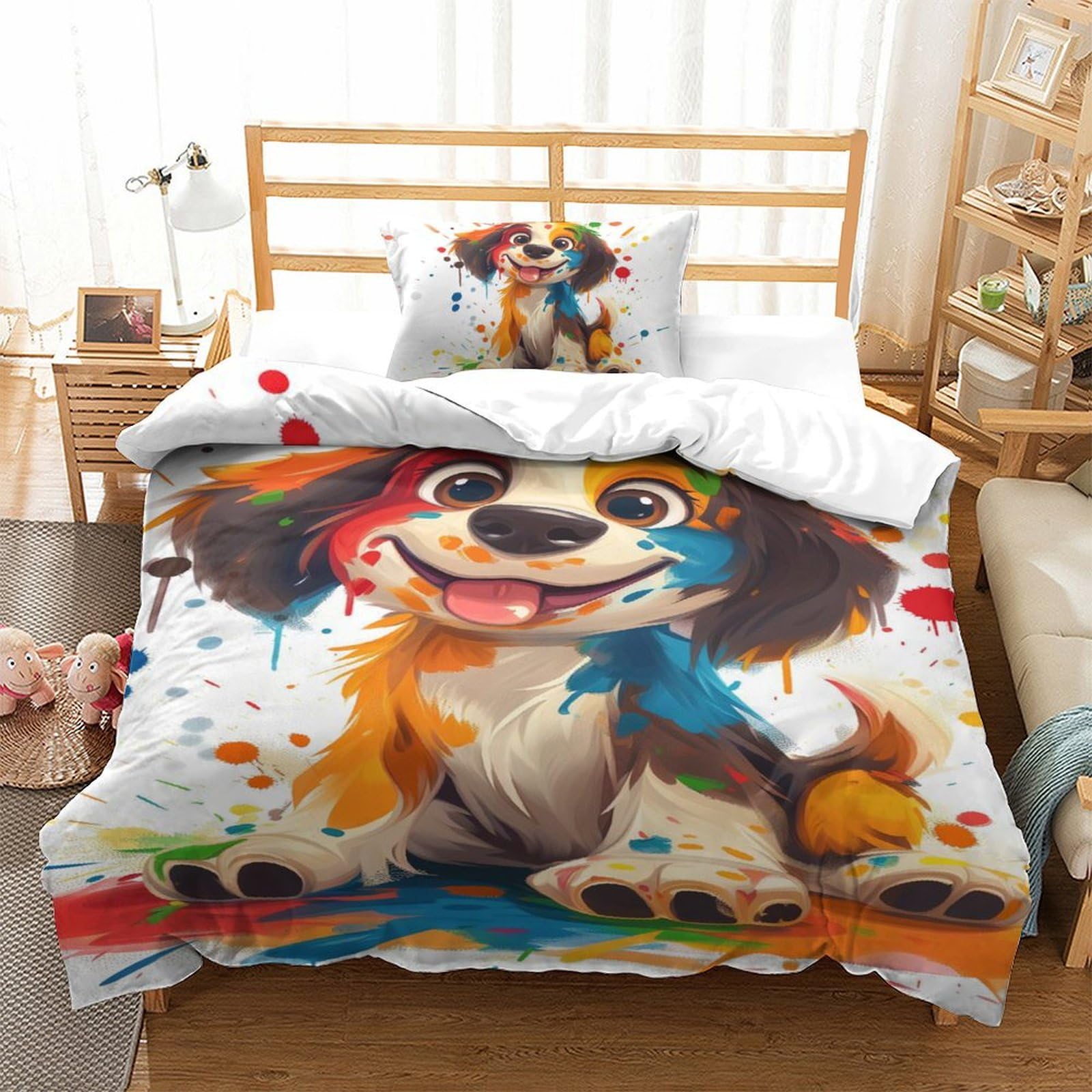 Housse de couette chien 3D en microfibre 135x200cm avec taie d'oreiller pour lit single