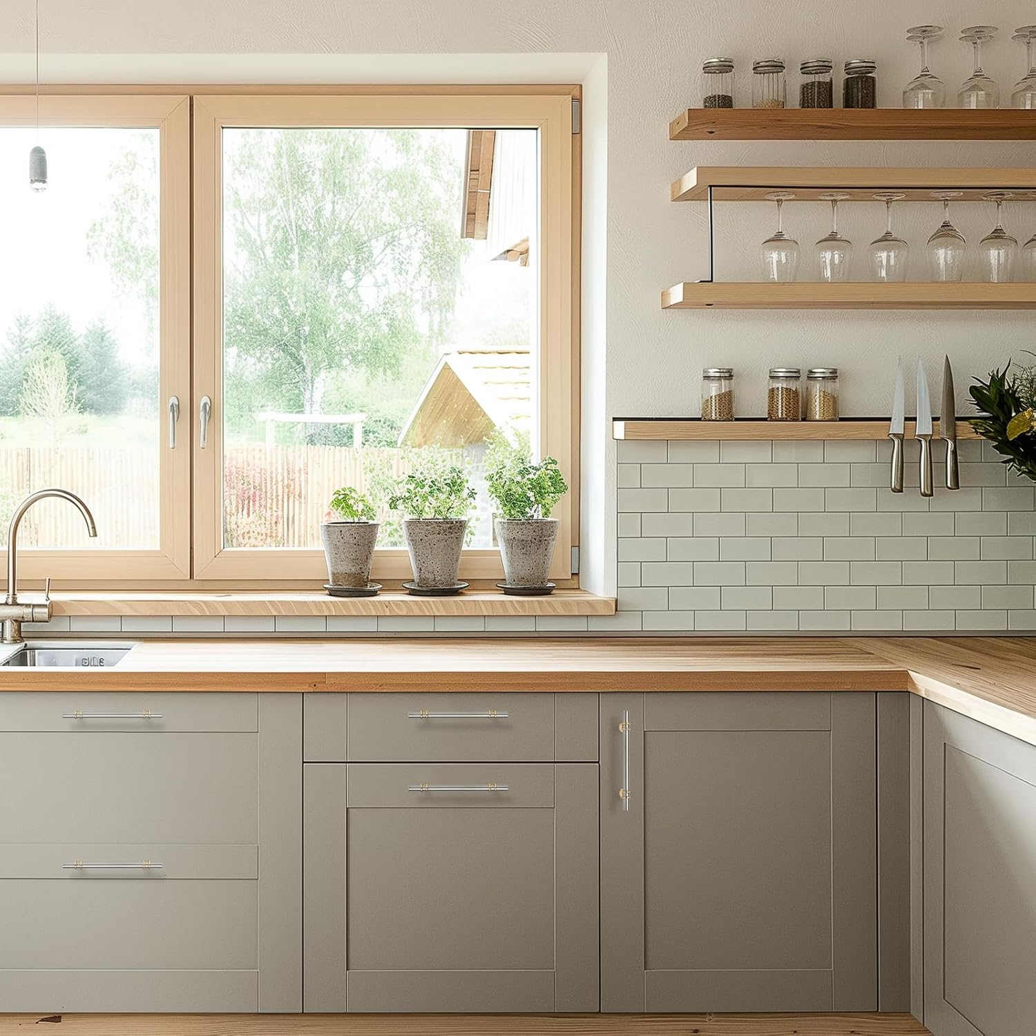 Brushed Nickel and Brushed Brass Cabinet Handles, 5 Inch Hole Center Modern T-Bar Drawer Pulls, Decorative Hardware for Cabinets, Dressers, and Drawers, 25 Pack