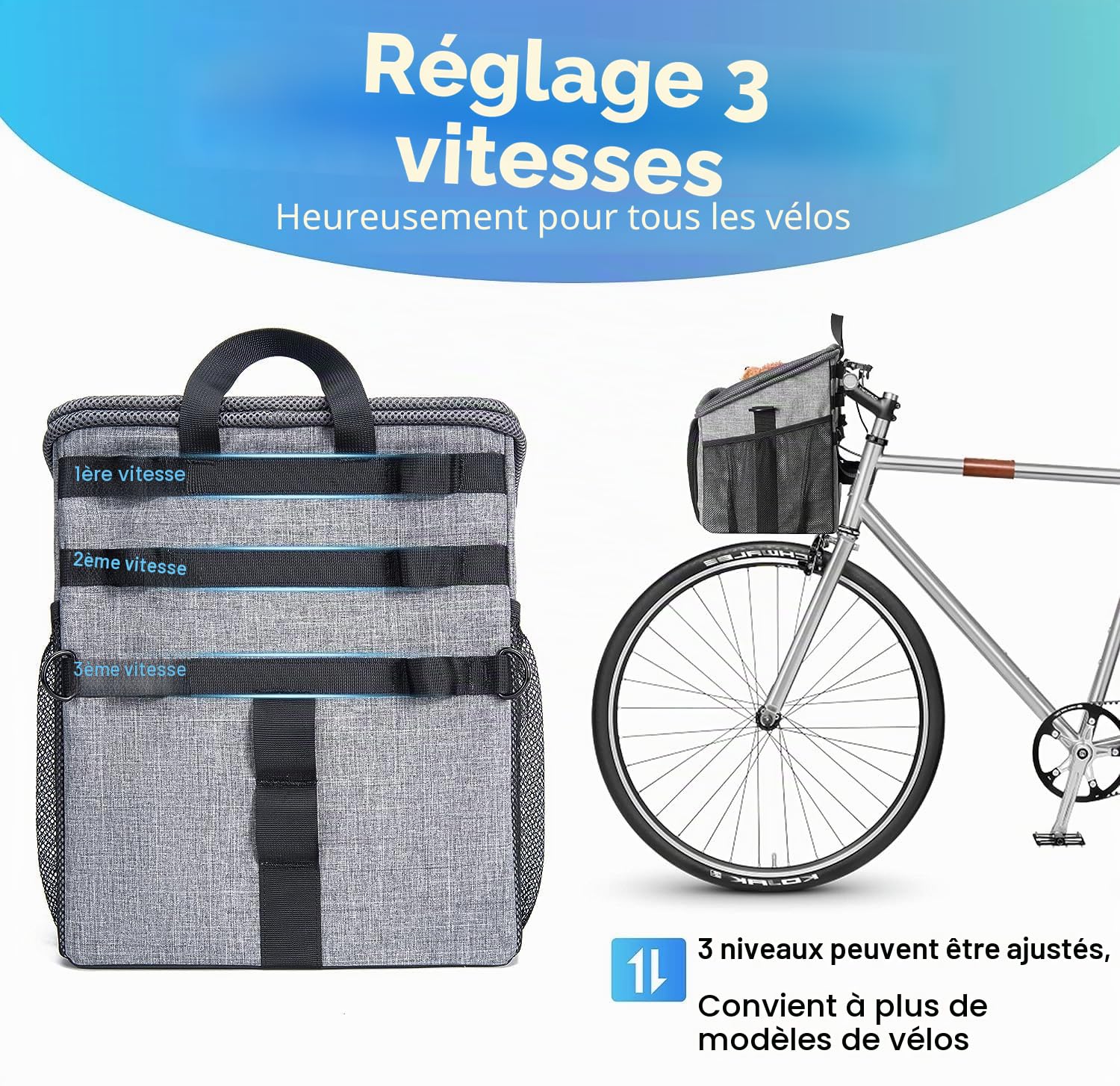 Wakytu Panier de Transport de vélo pour Chien, Sac à Dos de Transport Avant pour vélo Pliable, Amovible, Bandes réfléchissantes, 2 Poches de Rangement latérales, Sac de Voyage pour Animaux de