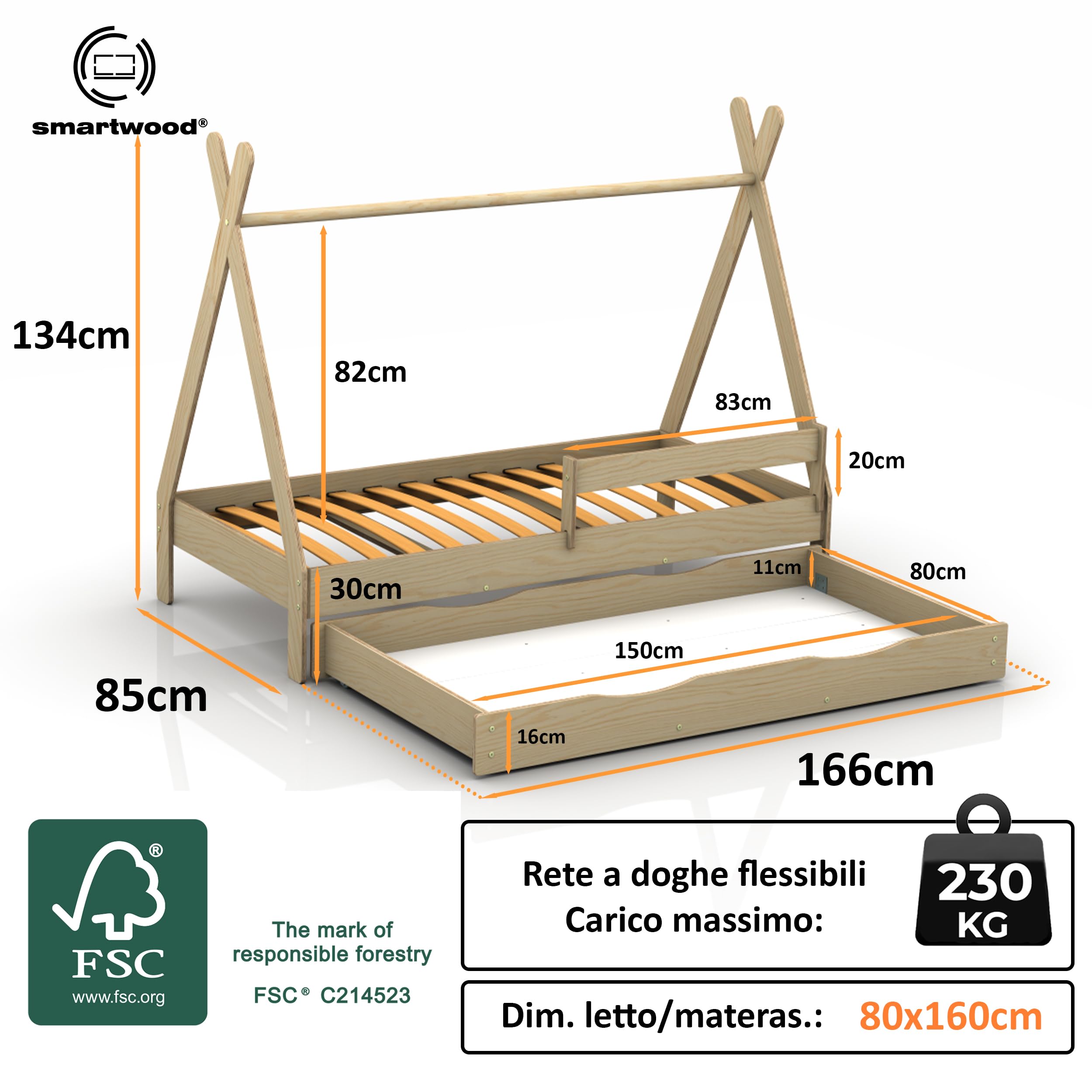 smartwood Letto Casetta Bambini 80x160 cm - Letto Singolo con Cassetto TIPI D in Legno di Pino FSC con Sponda Anticaduta e Reta a Doghe Fino a 230 kg - Per Bambino e Bambina - Montaggio Facile