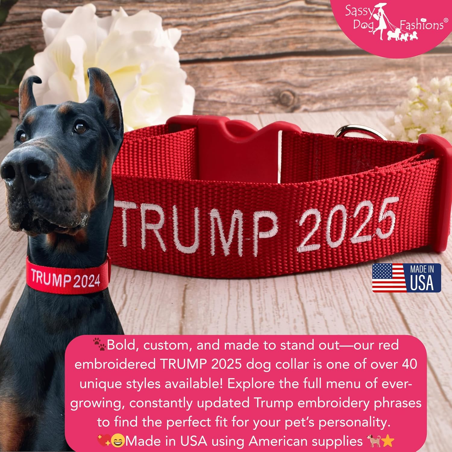 Handmade ICE ICE Baby - Trump 2024-2028 MAGA Dog Collar - Adjustable - Leash - 40 Cute Funny Embroidery Options for Large-Medium-Small Dogs- - Christmas Dog Lover Gifts (Medium 1½" x 12-19")