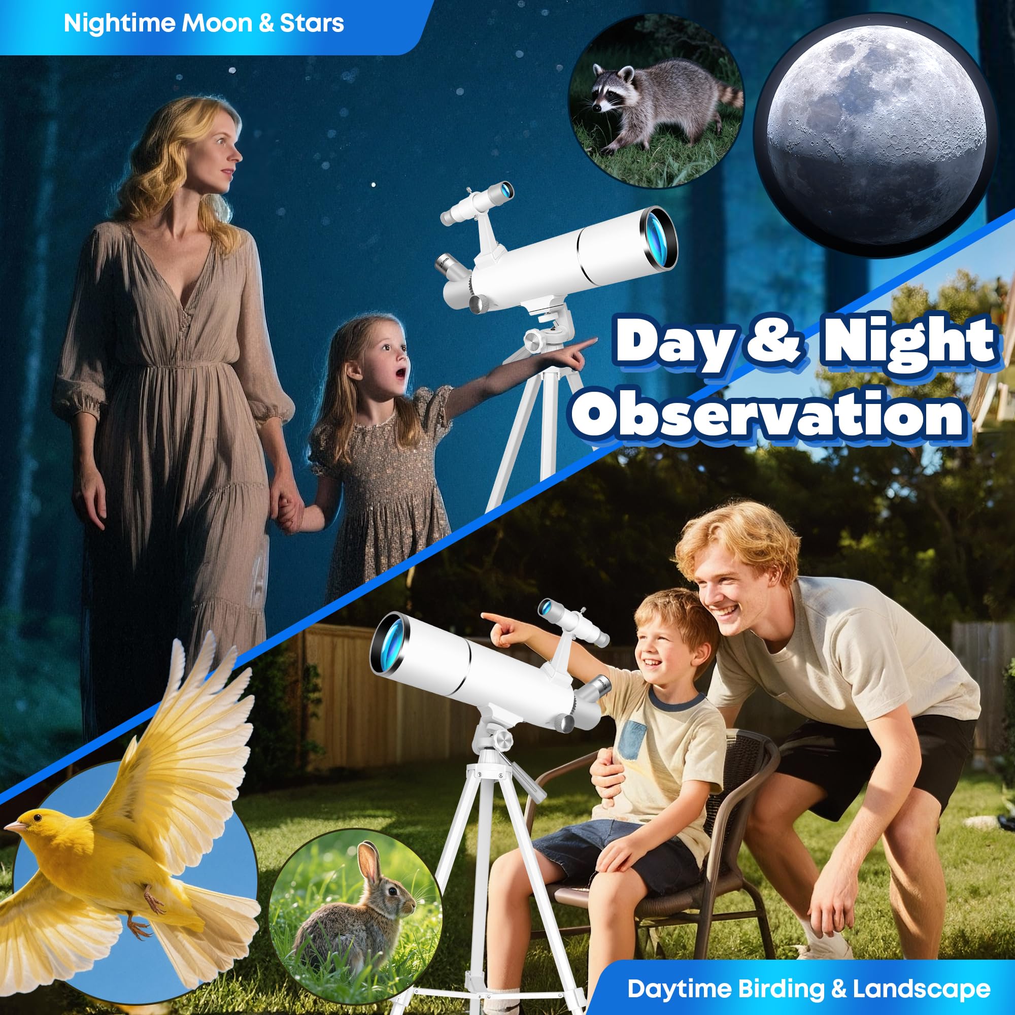 Telescopio para Adultos, 80mm Apertura 500mm Refractor Telescopios Astronómico para Principiantes con Adaptador para Teléfono, Pegatinas Decorativas