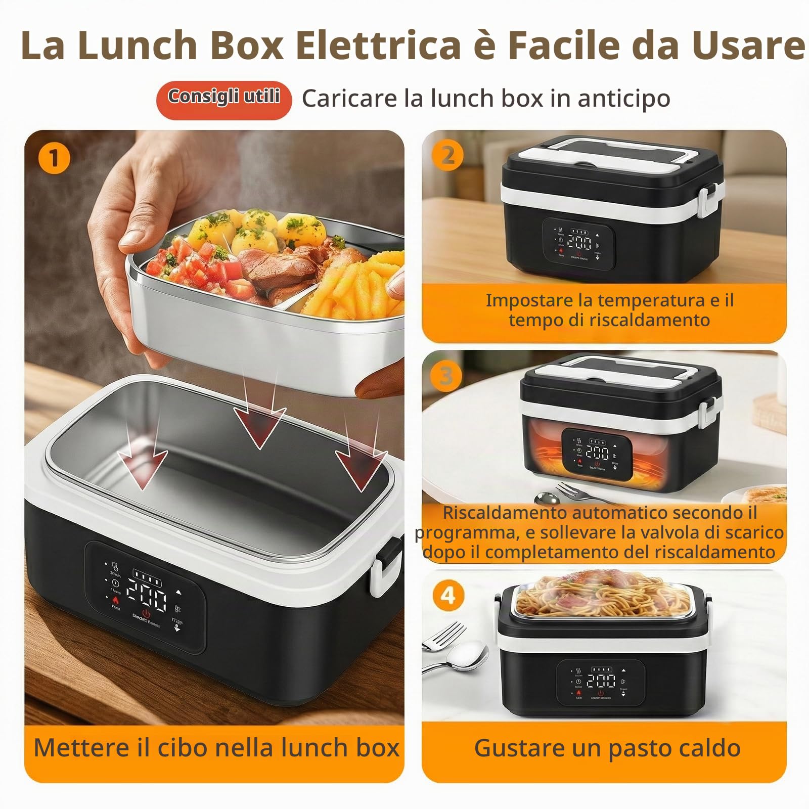 Scaldavivande Elettrico Portatile, Scaldavivande a Batteria Ricaricabile 1L Lunch Box Elettrico, Scalda Vivande per Adulti in Acciaio Inossidabile, Scaldavivande USB con Stoviglie e Borsa Termica