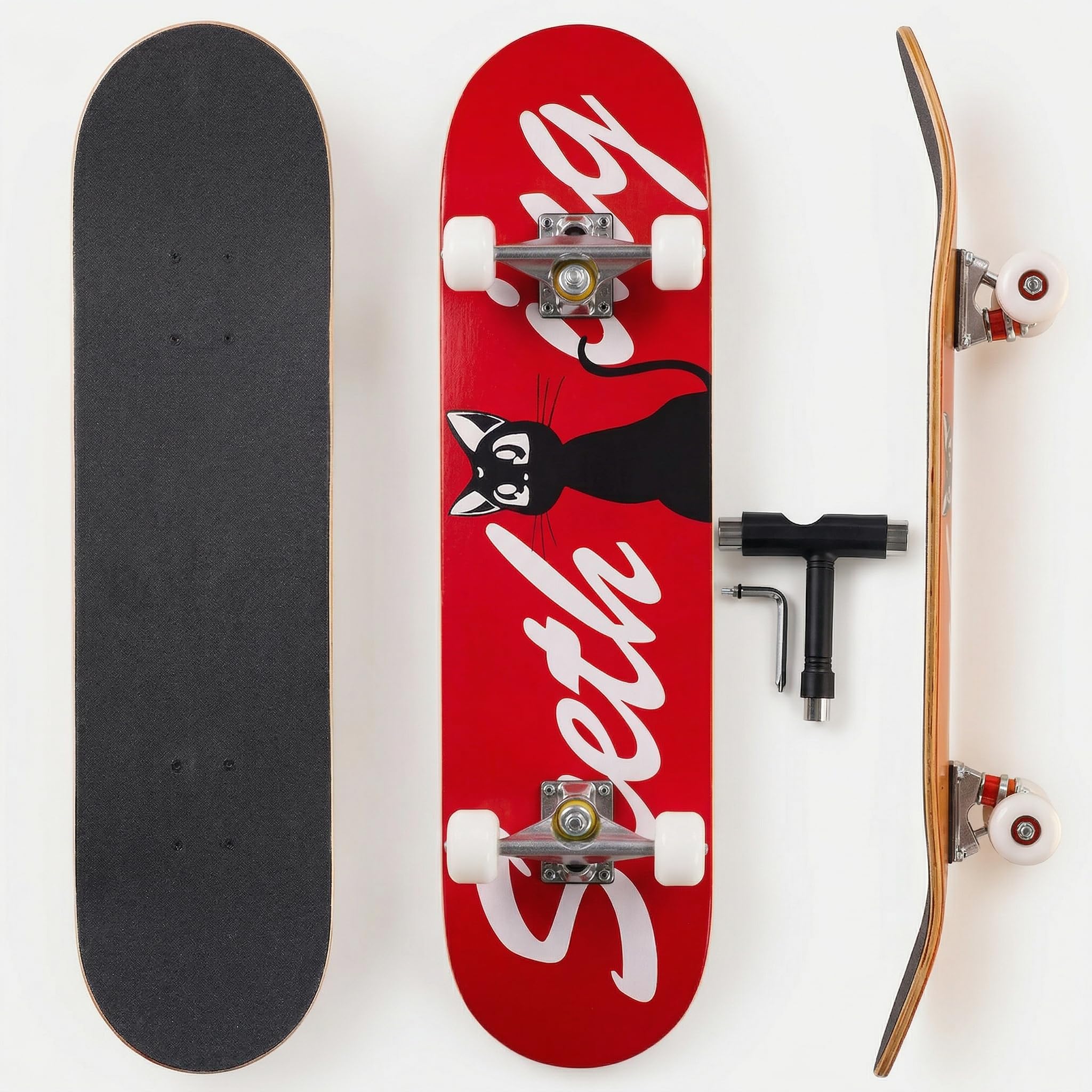 Professional Double Kick Skateboard, 31 inch Maple Deck, ABEC-9 Bearings, 95A PU Wheels, Custom Graphic Design (bat King(T-Tool Included​), 31in) (cat, 31in)
