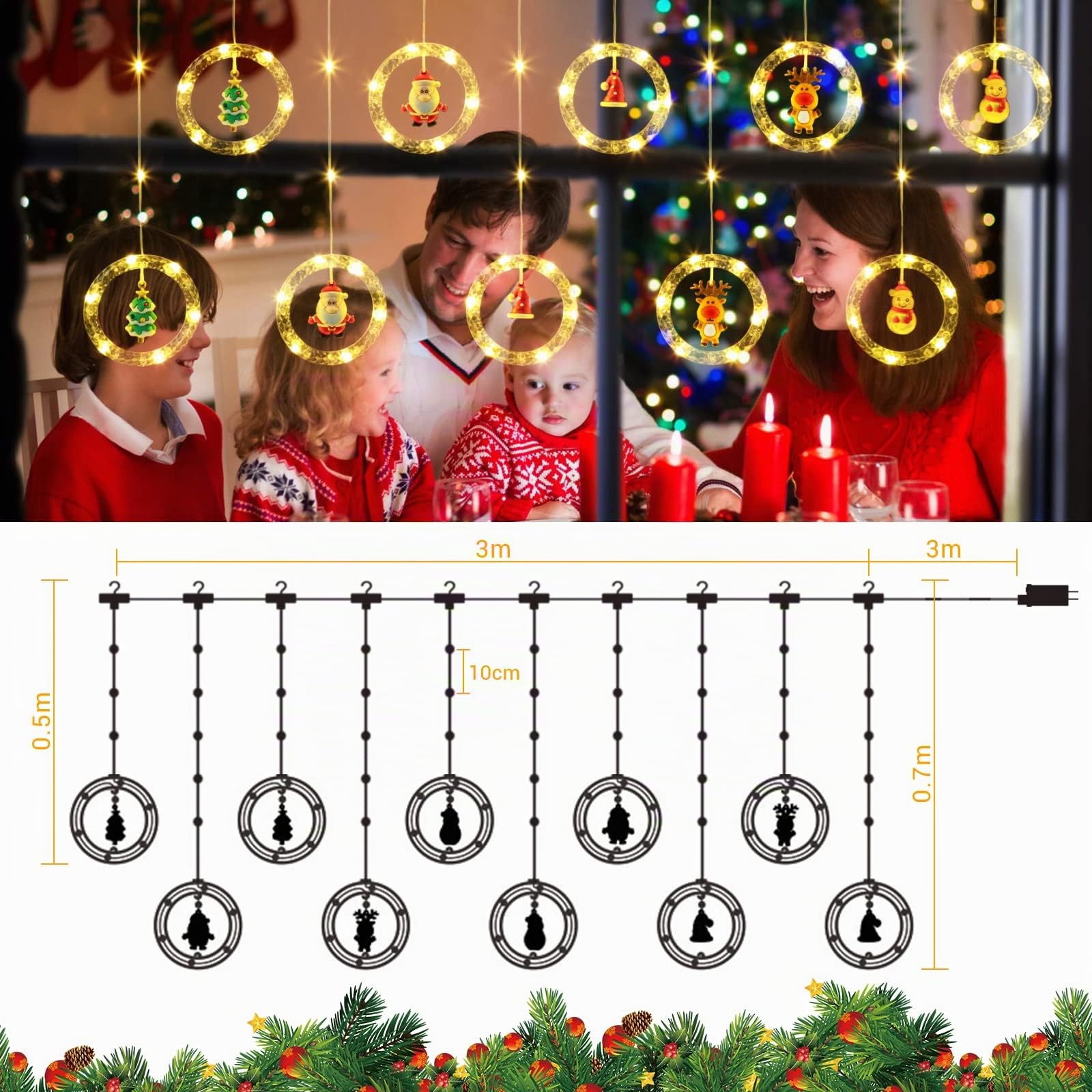 GlobaLink 3M x 0.7M Cortina Luces Navidad Enchufe con 10 Anillos Estatua, Impermeables 8 Modos Adornos para Natal Ventana Bodas Exterior Interior, Luz de Cadena Guirnalda, 100 LED, Blanco Cálido