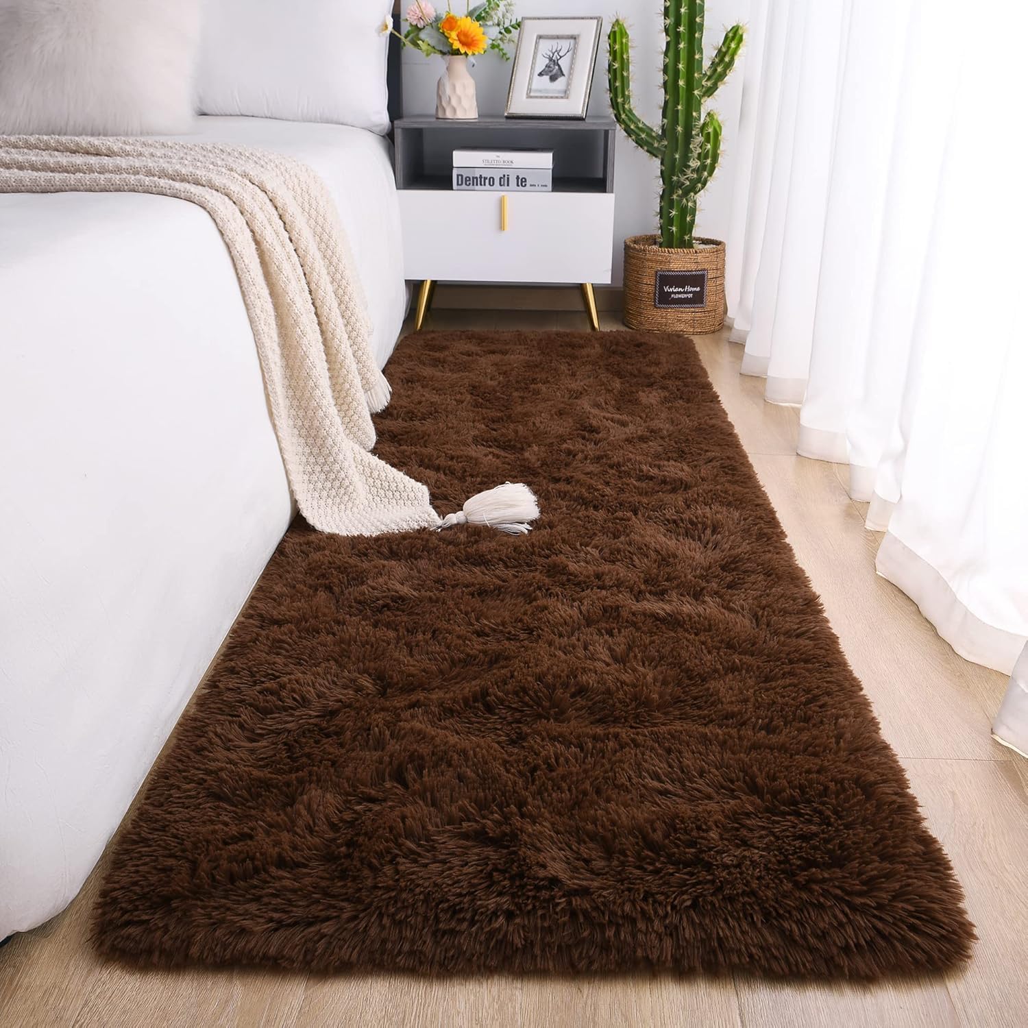 Contemporary Cozy Rug for Home Interiors/Modern Plush Area Rug – Soft Bedroom CarpetSize 1.5x4 feet Coffee