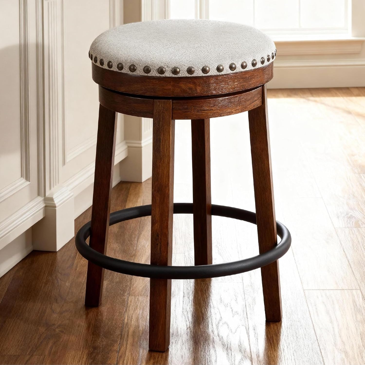 signature design by ashley valebeck upholstered swivel stool, cushioned seat, woven fabric upholstery, wood, 24" h, brown & black dark brown counter backless