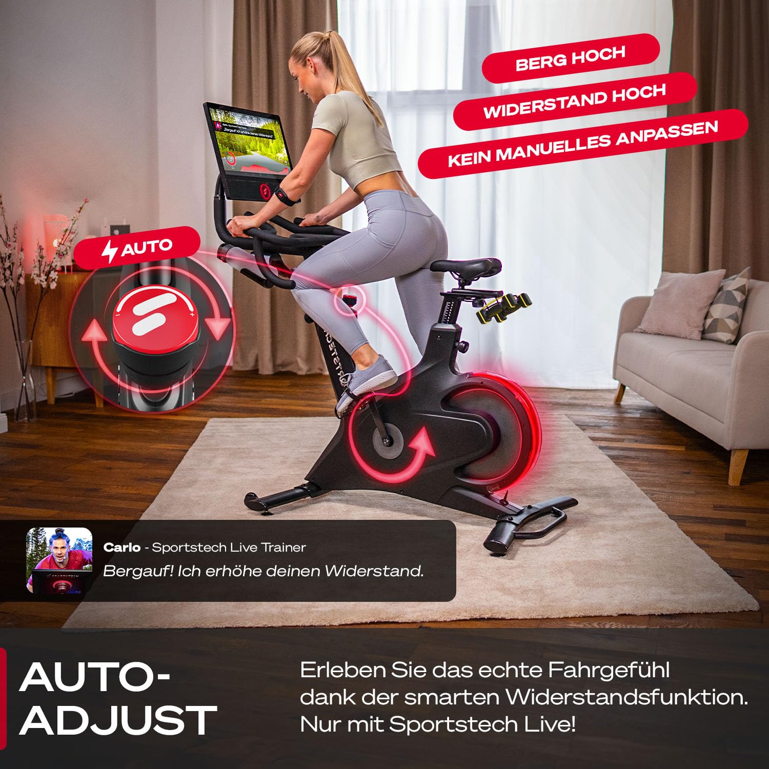 Sportstech Heimtrainer + 21.5" Touch Display - Deutsche Qualitätsmarke - APP mit Live Workouts & Kursen Fitnessbike mit patentierter LED Technologie, Ergometer, sBike
