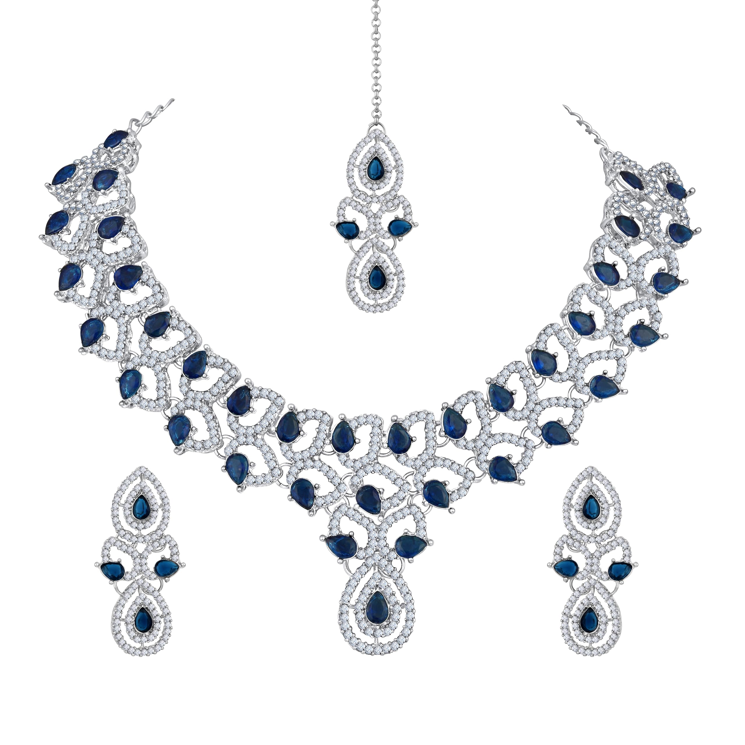 AD Diamond Kundan Style Necklace with Earrings and Maang Tika Jewellery Set for Women-image-44