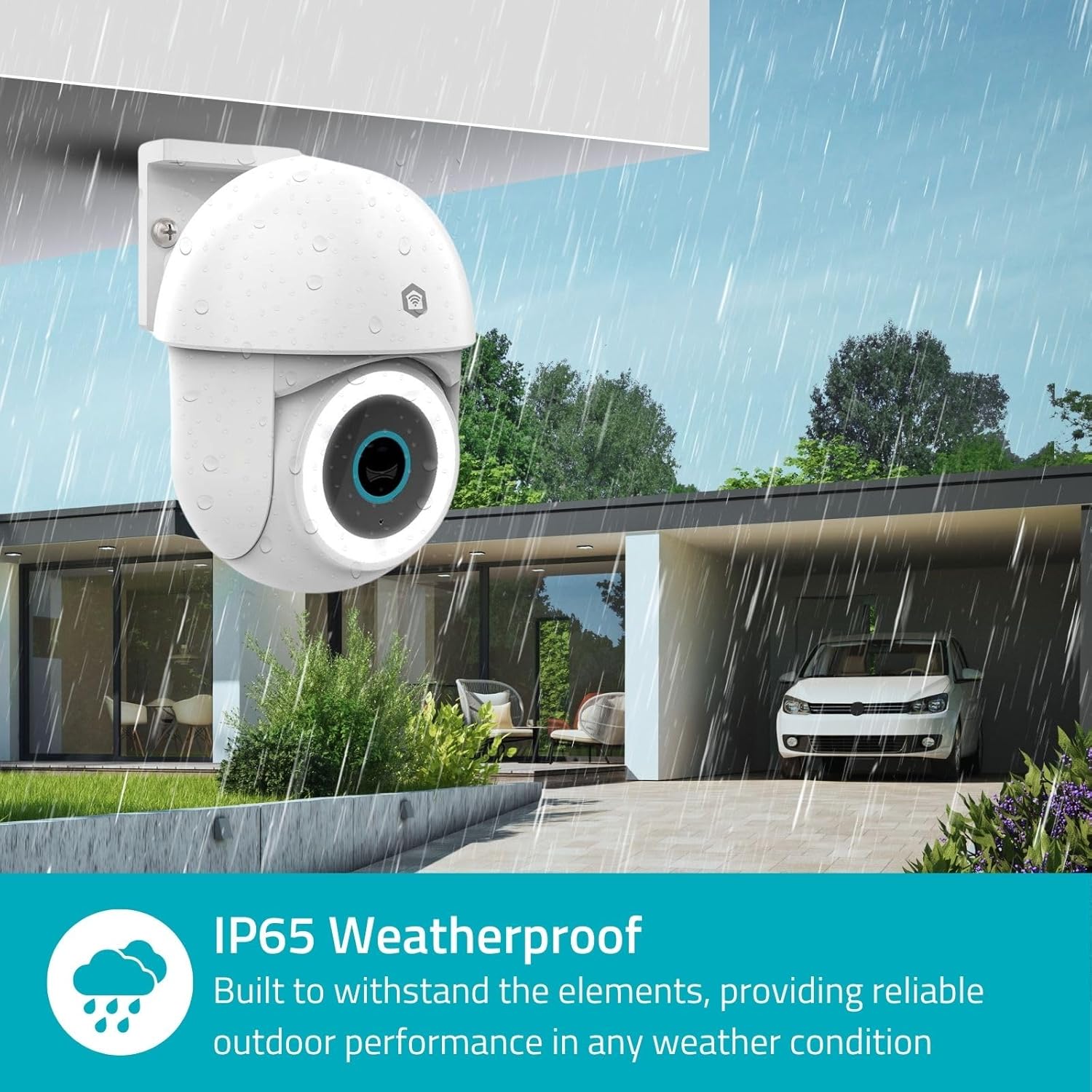 NEDIS SmartLife Outdoor Camera installed outdoors, showing IP65 weatherproof design in rain
