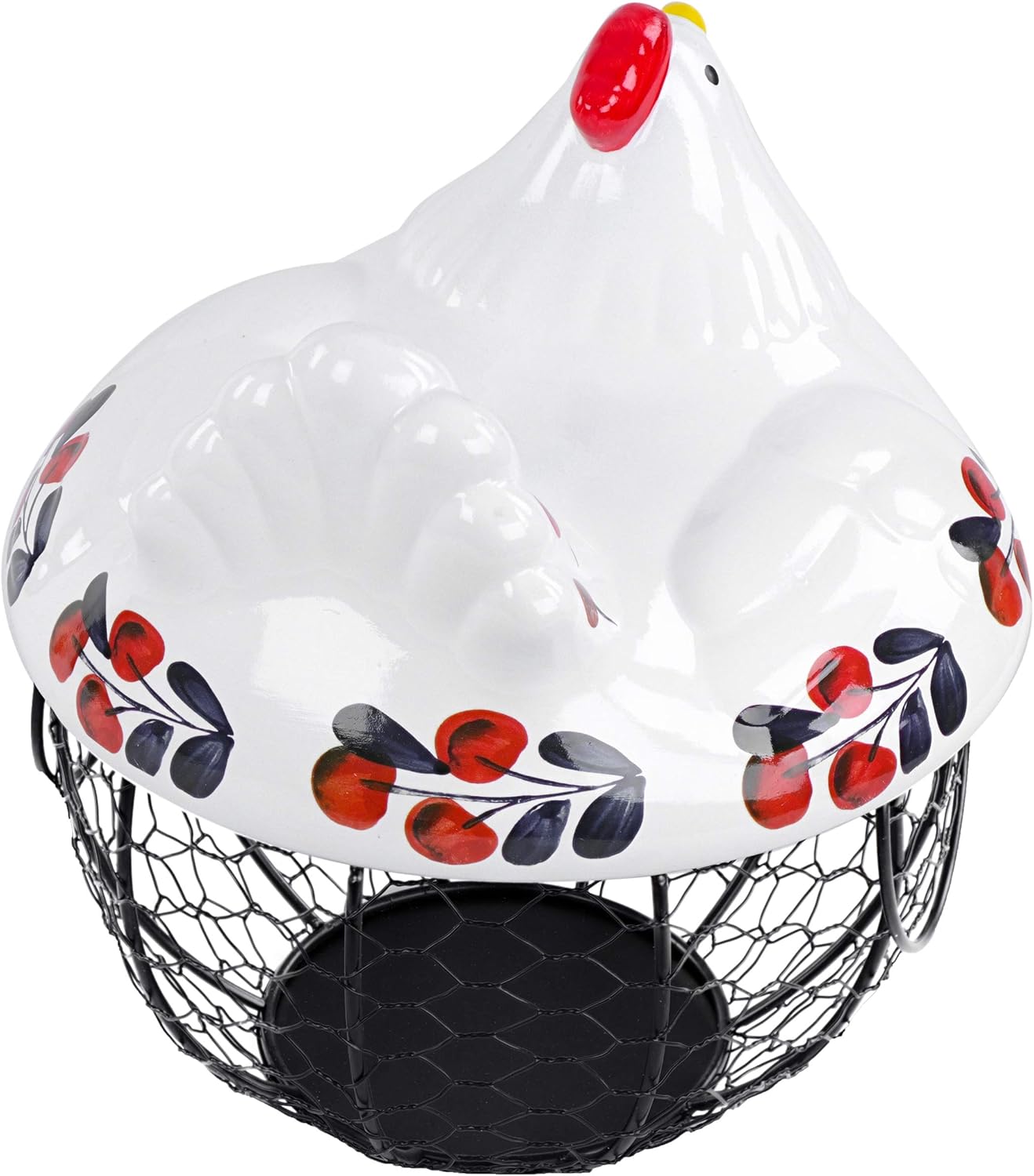 Rural365 Chicken Egg Basket in Navy and Red Design Ceramic Chicken Shaped Lid with Round Wire Basket Base and Handles