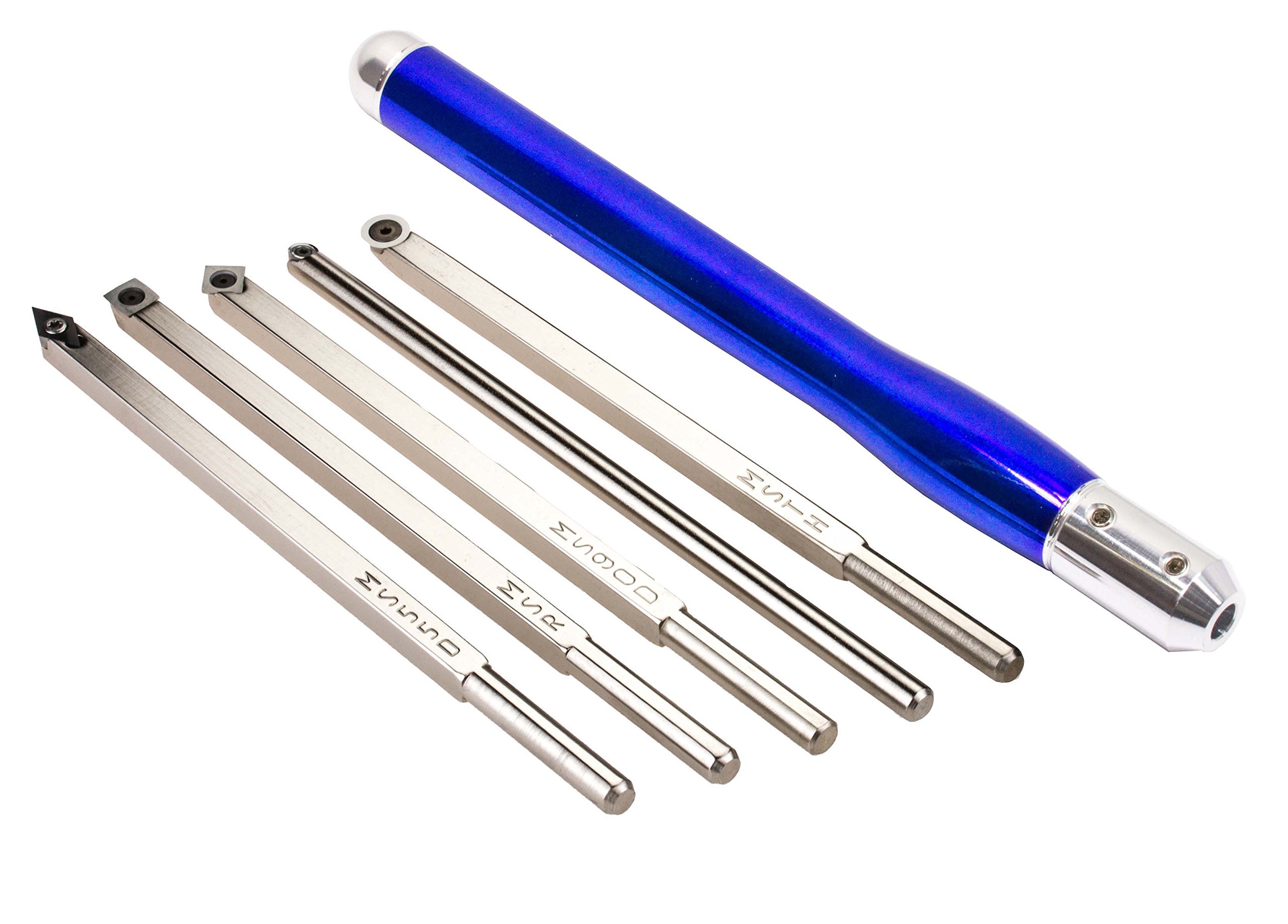 Simple Woodturning Tools Carbide Wood Turning Tool Set of 5 Mid Size Tools PLUS Interchangeable Handle (Sapphire Blue Handle), USA Made
