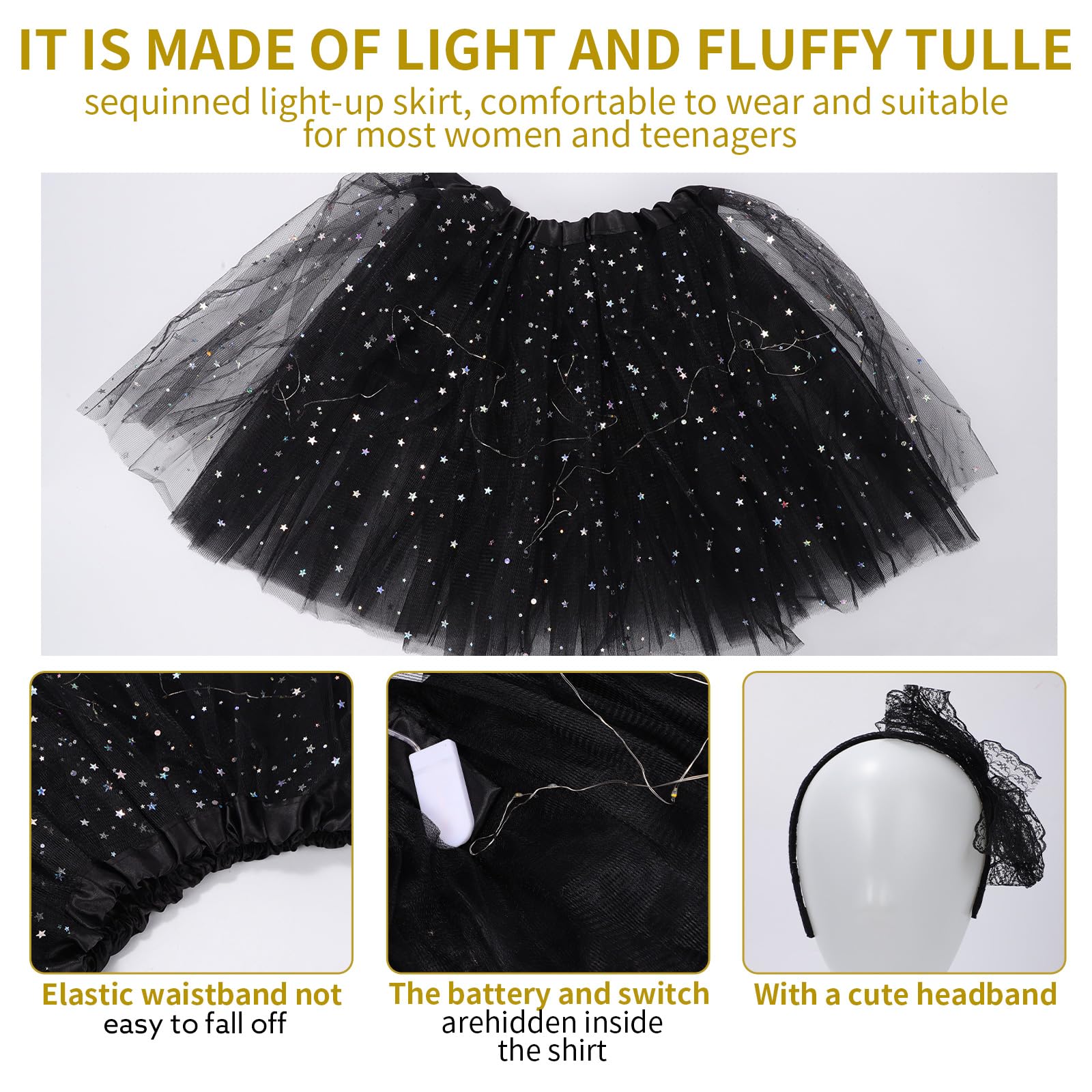 Mayoii Light Up Tulle Tutu Skirts for Women 3-Layer LED Tulle Dance Skirt with Sequin & Headband - Image 3