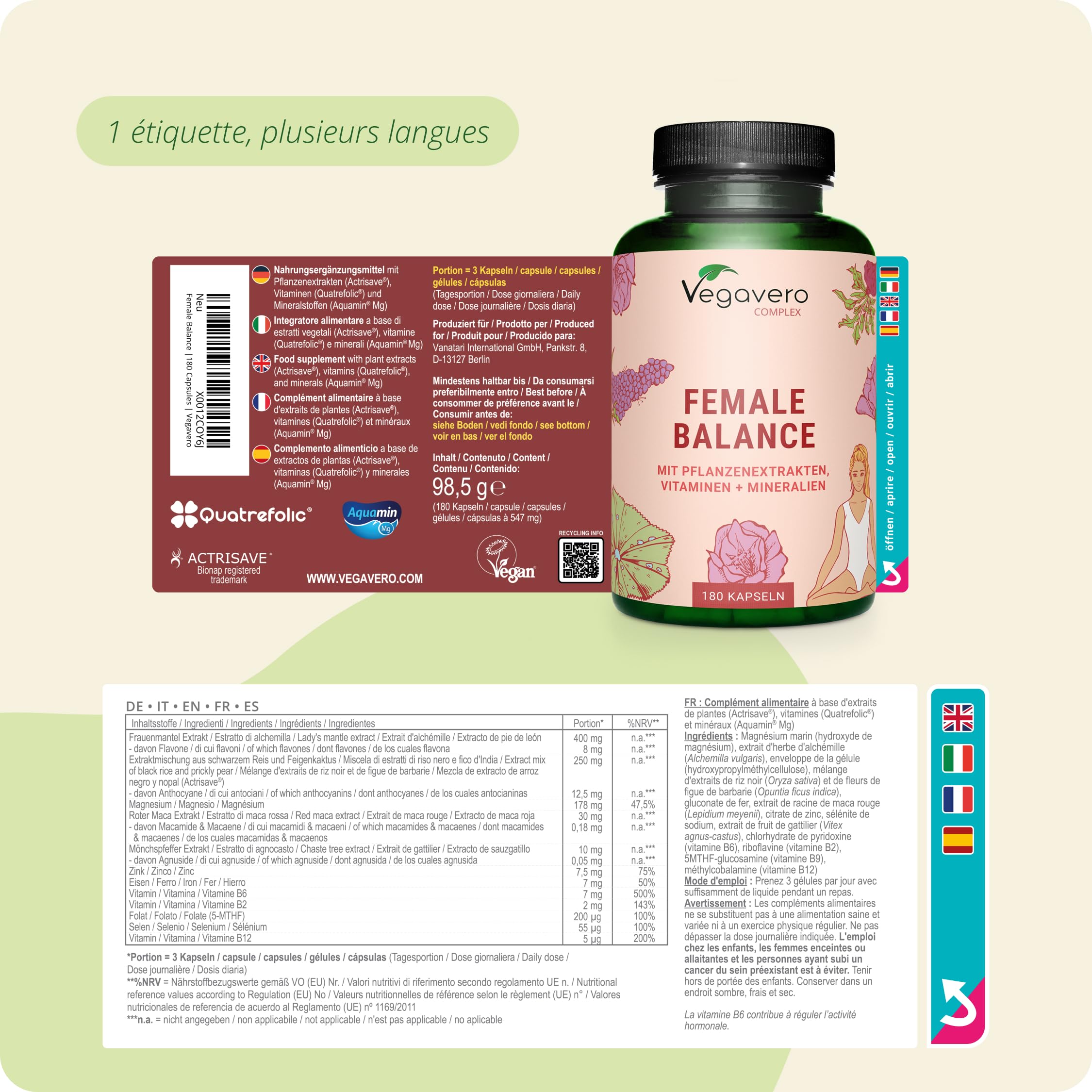 Vegavero Reequilibrage Hormonal Femme | Avec Gattilier, Maca, Acide Folique | SPM + Dérèglement Hormone œstrogène | 180 Gélules | Vegan & Sans Additifs