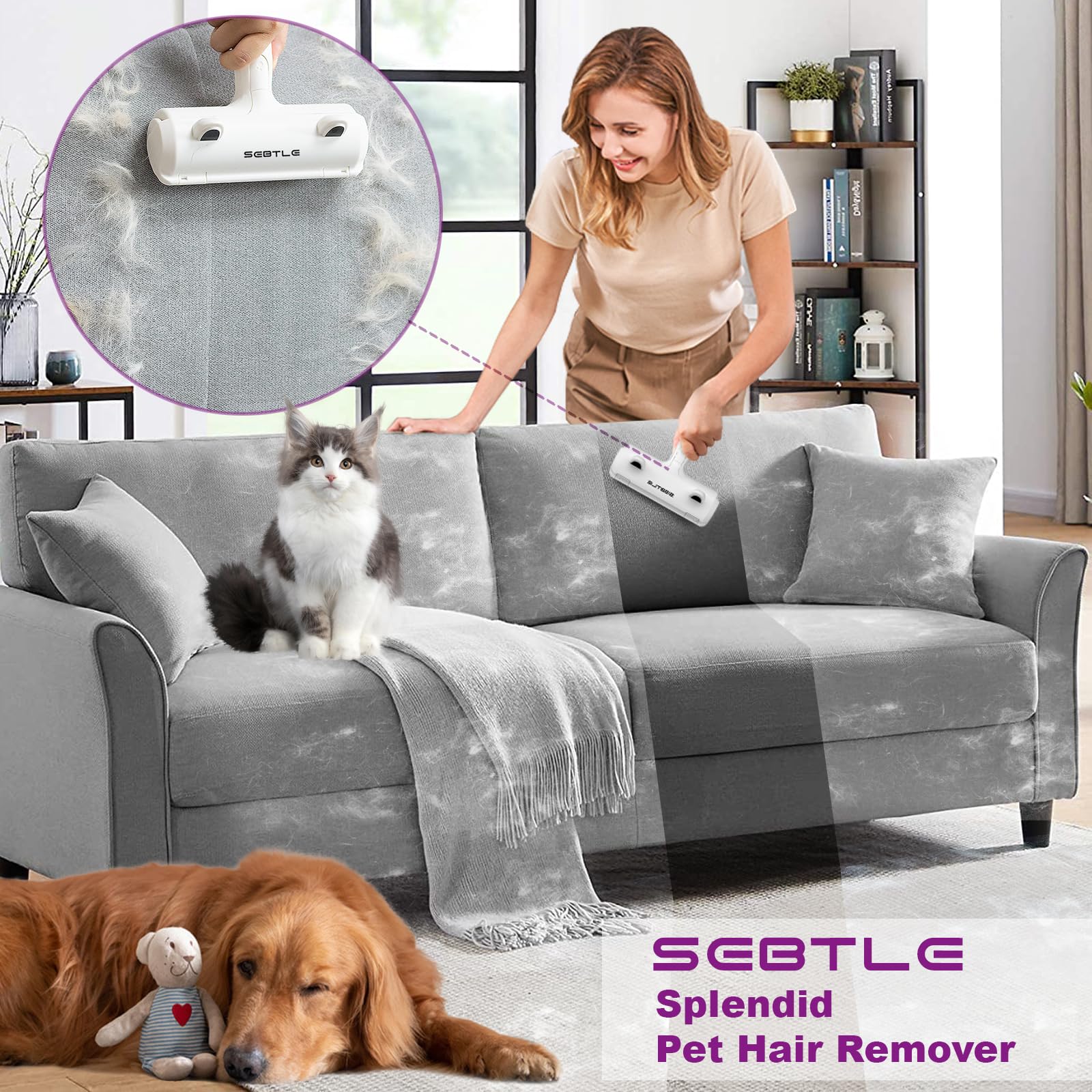Sebtle Pet Hair Remover Roller,Reusable Animal Hair Removal Brush for Dogs and Cats,Lint Remover Easy to Clean Pet Fur from Carpet,Sofa,Bedding,Furniture and Rugs,White - Image 2