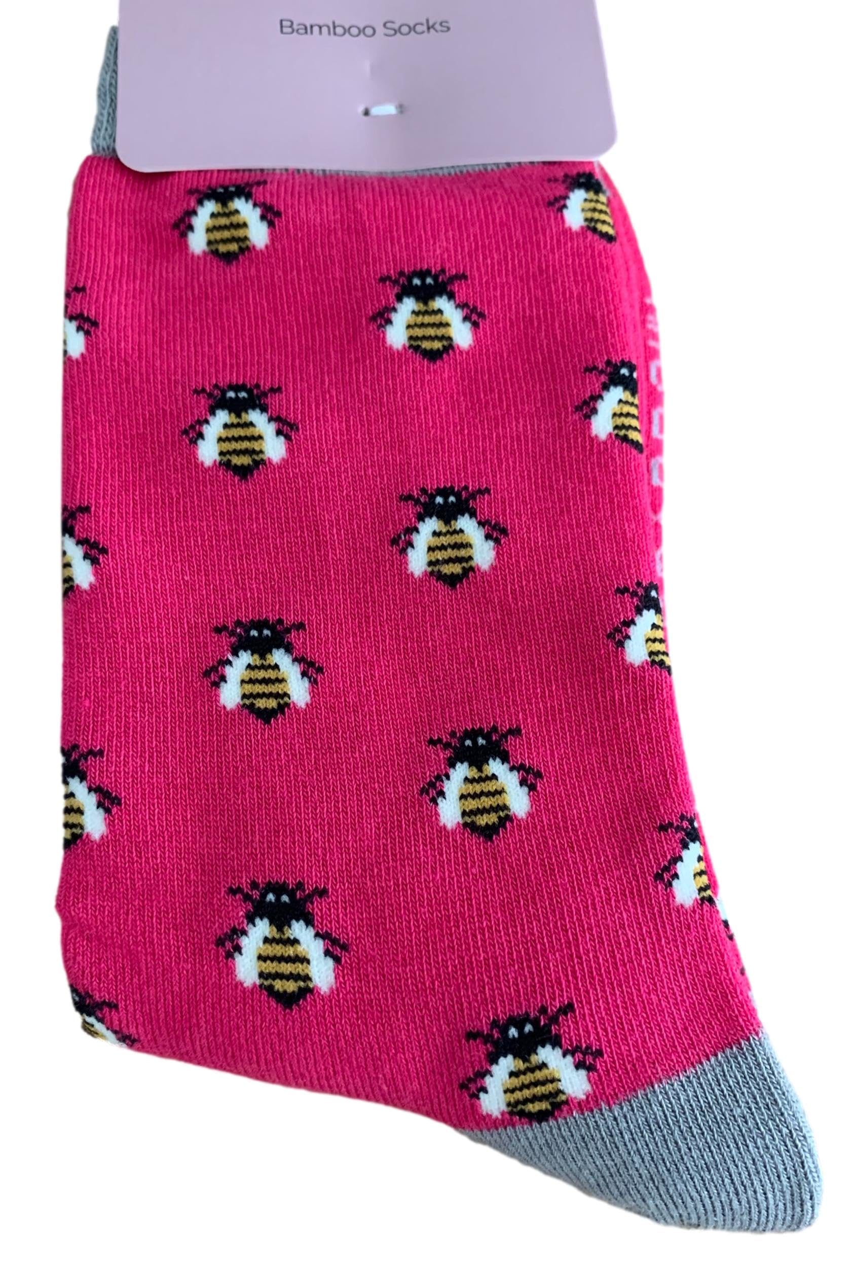 Purple Possum® Bee Socks Bumble Bees Hot Pink Grey Bamboo Cotton Blend Ladies Socks Size 4-7