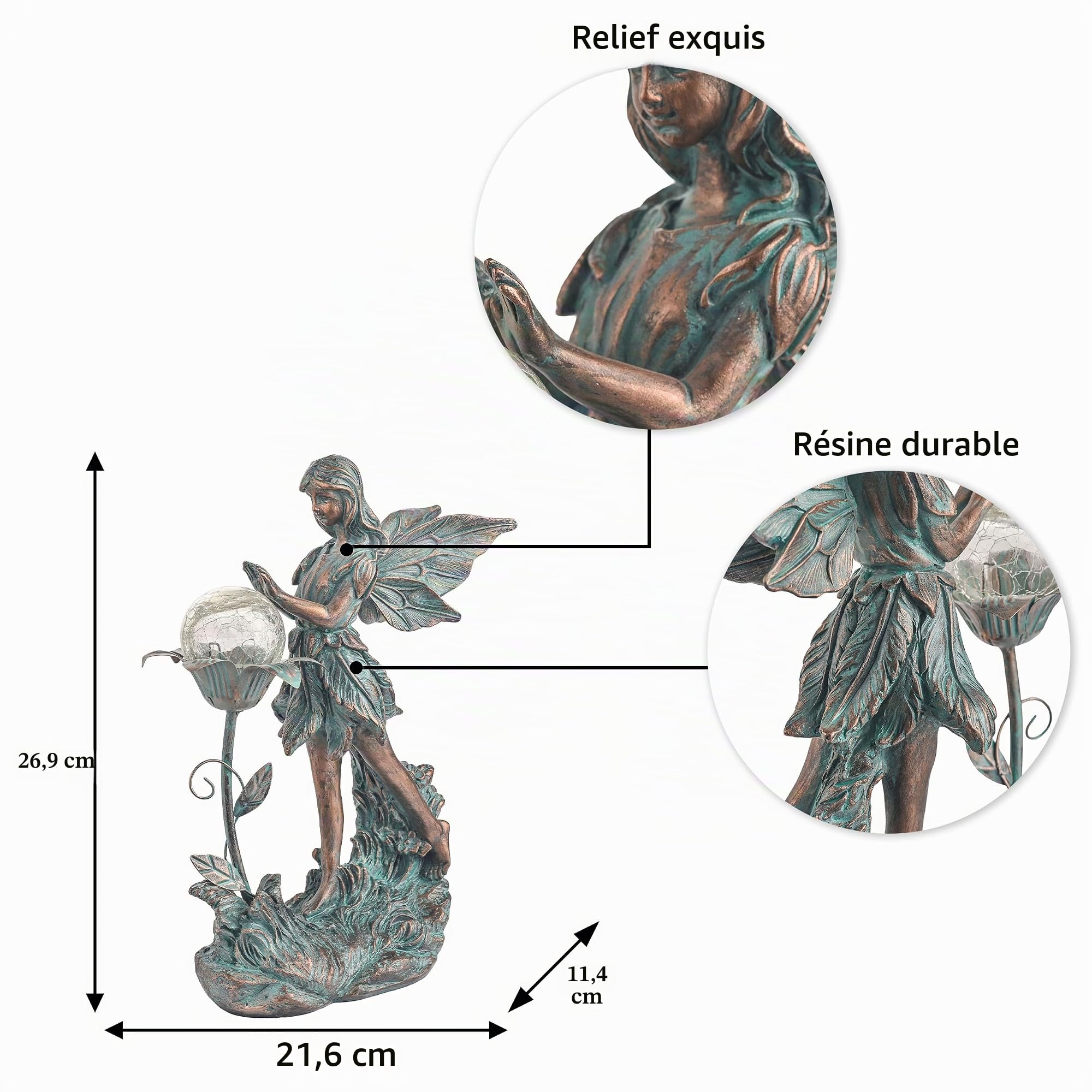TERESA'S Collections - Grandes Sculptures et Statues de Jardin en Forme de fées, en résine de Couleur Bronze avec lumière Solaire extérieure, décorations de Saint-Valentin, pelouse, Cadeaux, 28 cm