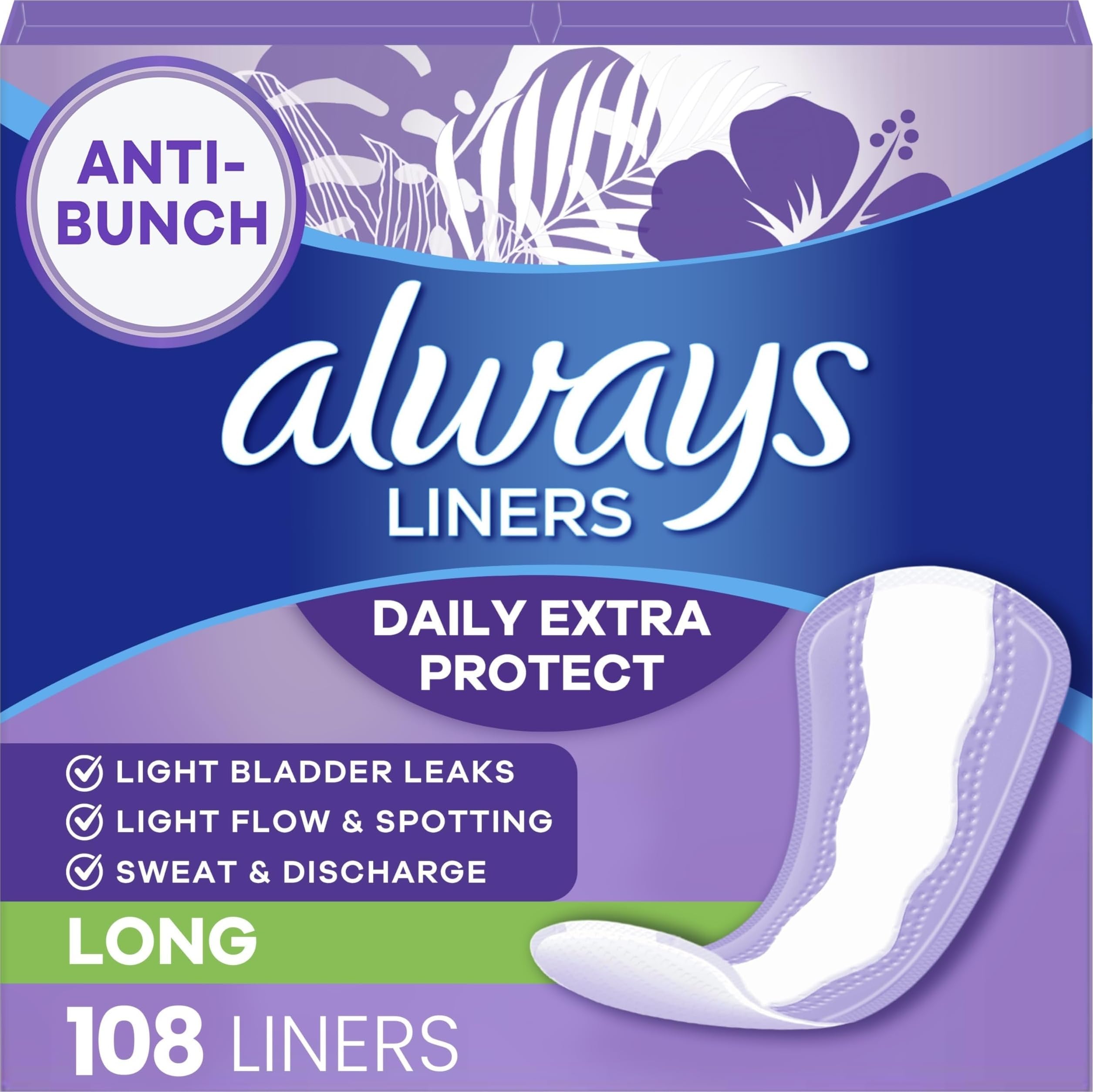 Panty Liners for Women Anti-Bunch Xtra Protection Daily Liners, Long, Unscented, 108 Count