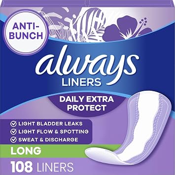 Always Panty Liners for Women Anti-Bunch Xtra Protection Daily Liners, Long, Unscented, 108 Count