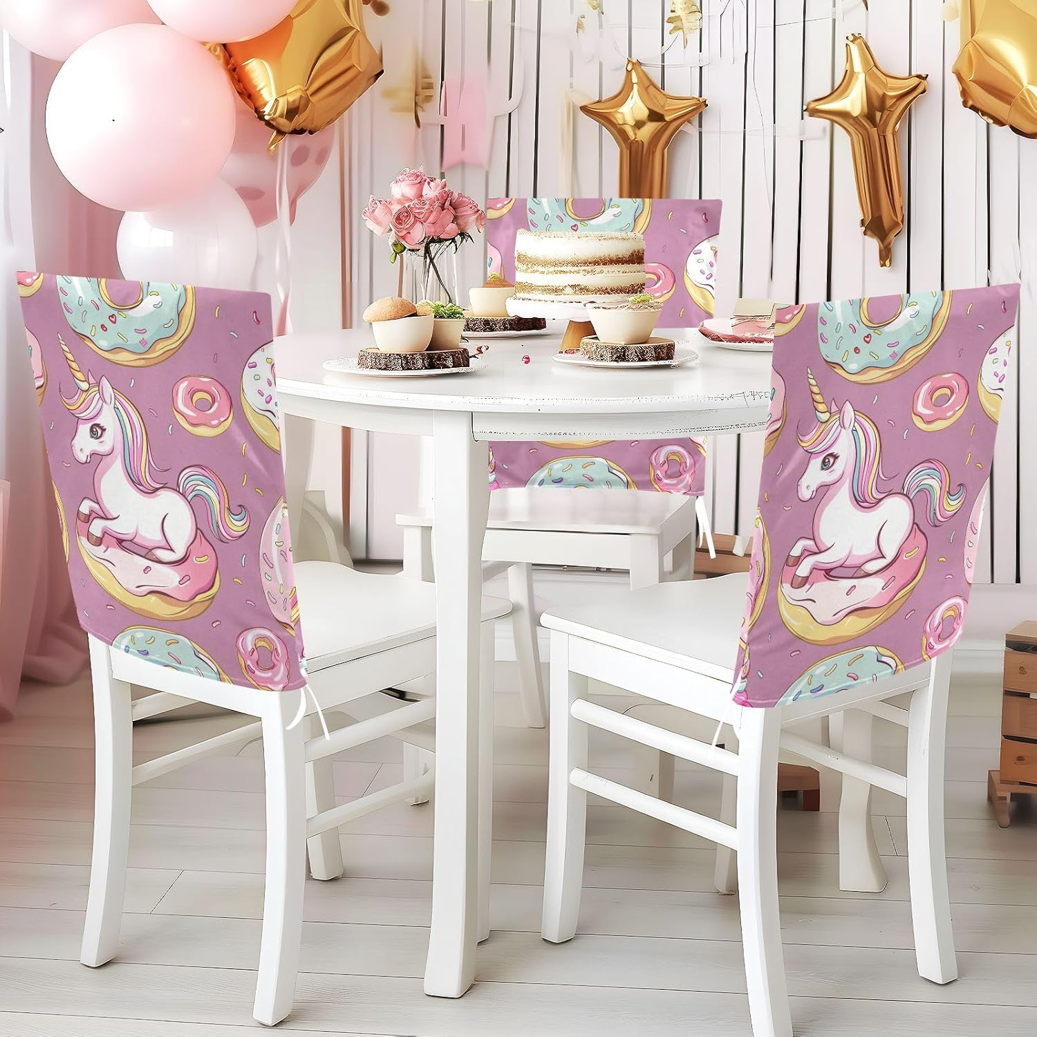 ALAZA Donuts Cute Unicorn Chair Back Cover Set of 6, Washable Reusable Removable Chair Slipcovers Decorative Chair Cover for Home Kitchen Wedding Party