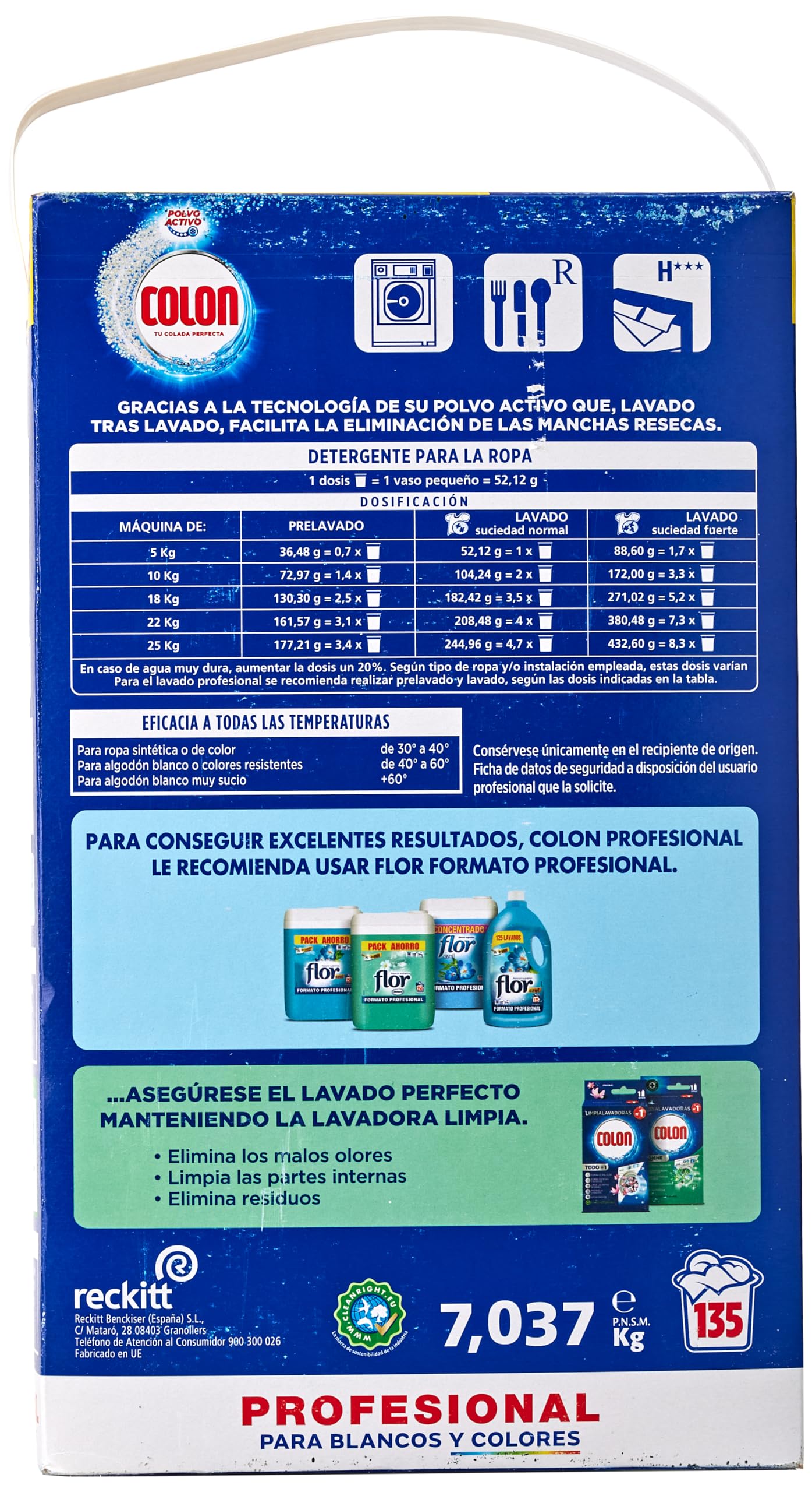Colon Polvo Activo - Detergente para lavadora, adecuado para ropa blanca y de color, formato polvo - 135 dosis, 7.037 kg (Paquete de 3)