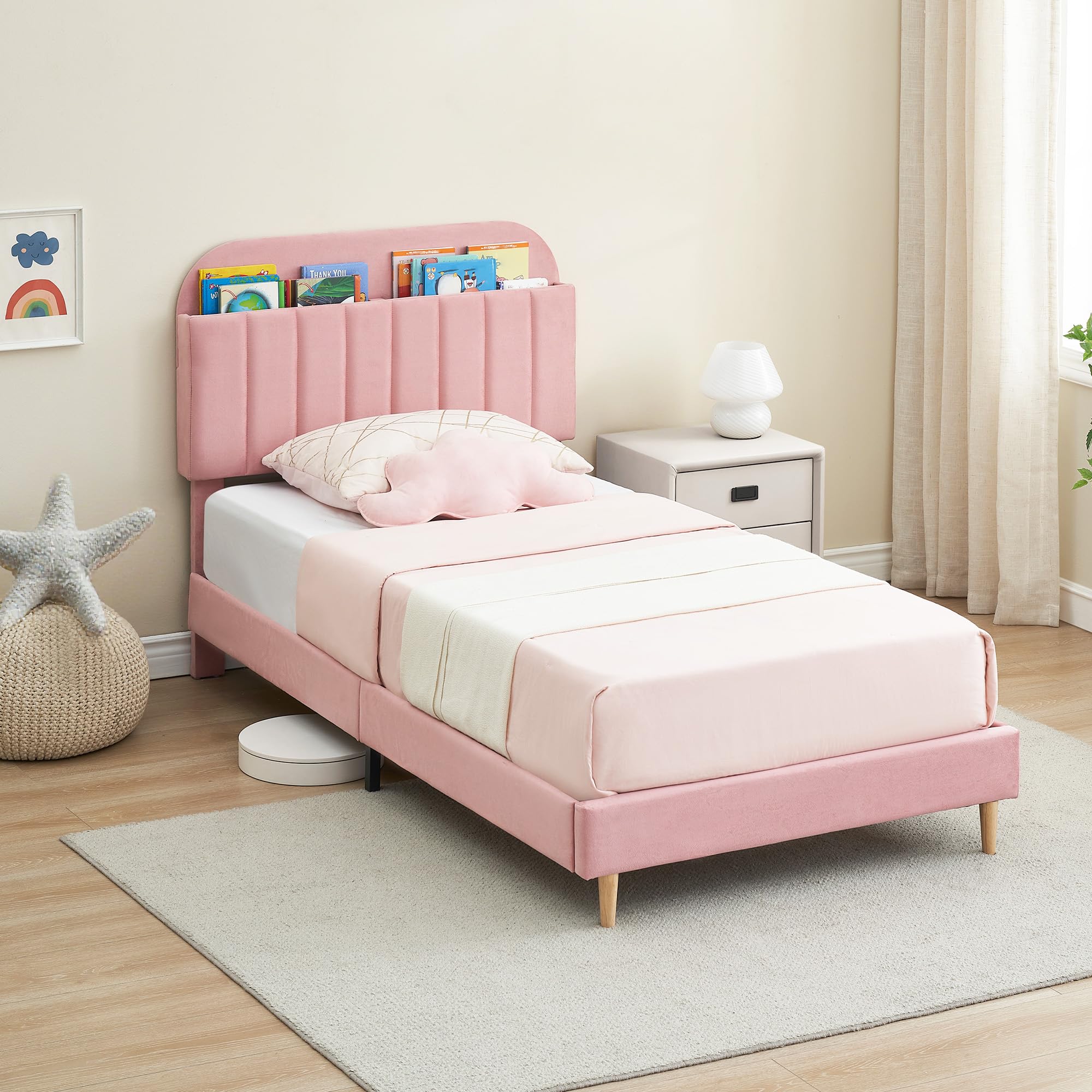 Cama Infantil de 90 x 190 cm, Somier de Madera con Almacenamiento, Cama de Suelo con Varias Patas, Cabecero Acolchado, Cama de Asiento Montessori para Habitación Infantil, Niño/Niña, Rosa