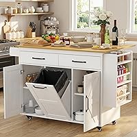 YESHOMY 56" Rolling Kitchen Island with Hidden Trash Bin, Drop Leaf, Drawers, Spice Rack & Towel Holder - White