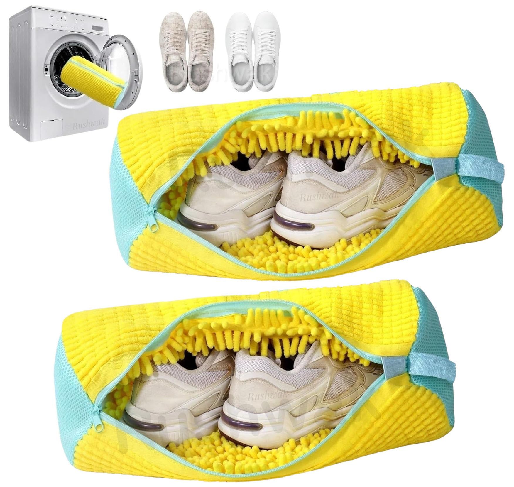 Rushwak (Pack of 2) Shoe Washing Machine Bag 360° Deep Shoe Cleaning Bag for Washer Reusable Durable Shoe Washing Bags with Zipper Plush Microfiber Shoes Pouch Laundry Shoe Bags for All Shoe/Sneaker
