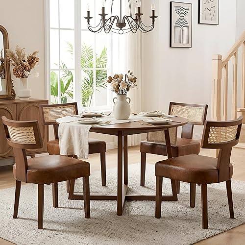 Miniatura 38 de HNY Juego de 4 sillas de comedor modernas de mediados de siglo, sillas de acento tapizadas en tela de lino estilo granja con respaldo curvado y