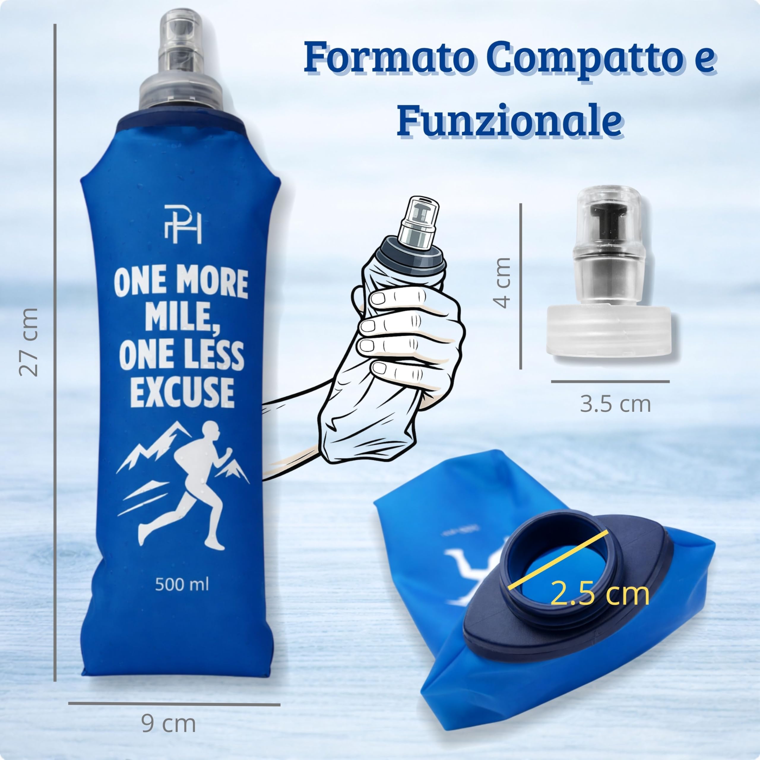Ph Pro Heat Borraccia Morbida Running – 1 Soft Flask 500 ml Blu - Bottiglia Pieghevole e Flessibile per Trail, Ciclismo o Escursionismo - Esente da BPA.