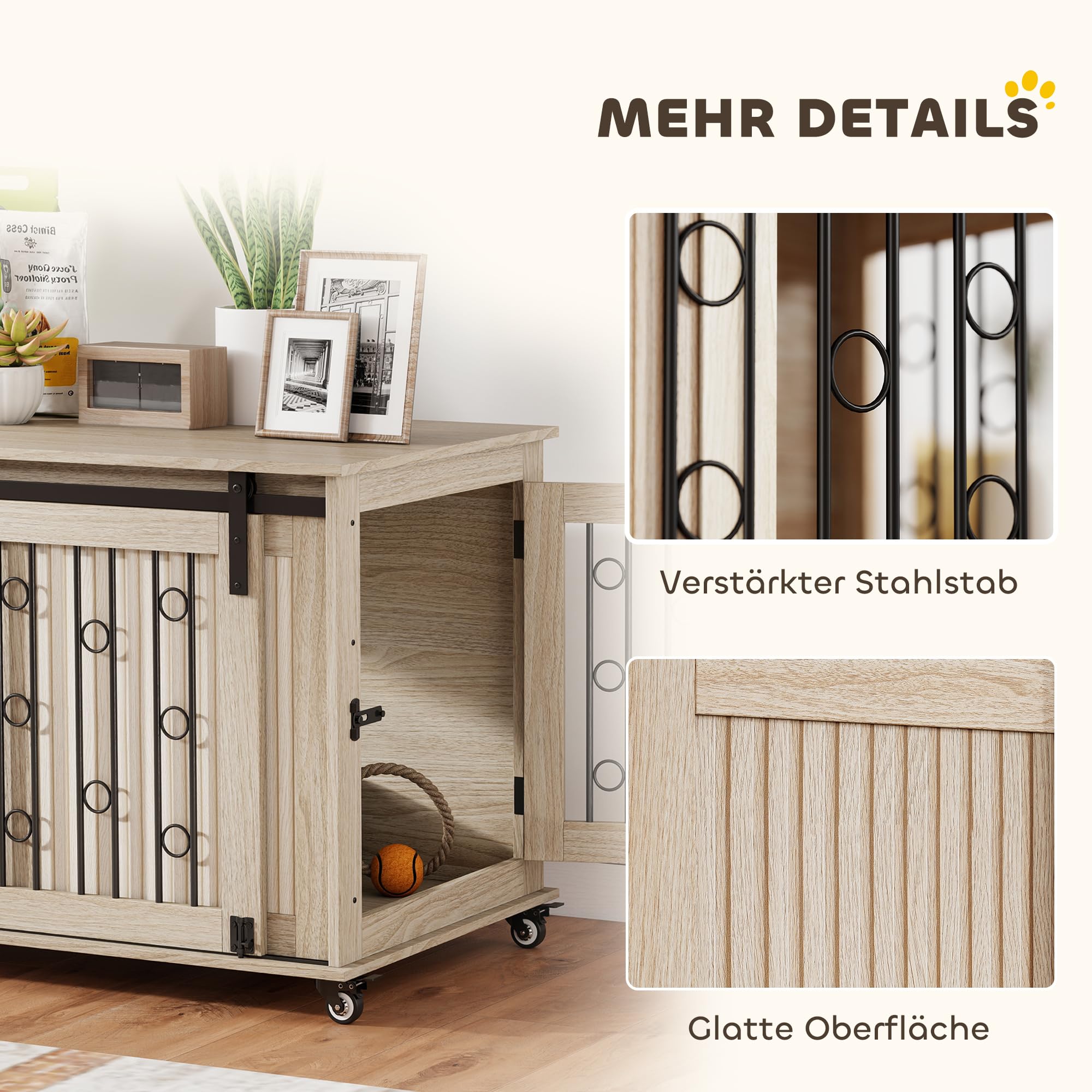 PawHut Hundekäfig Möbel Hundekäfig für Zuhause 100 cm Hundebox mit Rollen, Schiebetür, Seitentür Abschließbare Hundehütte für Mittelgroße, Große Hunde, Eiche