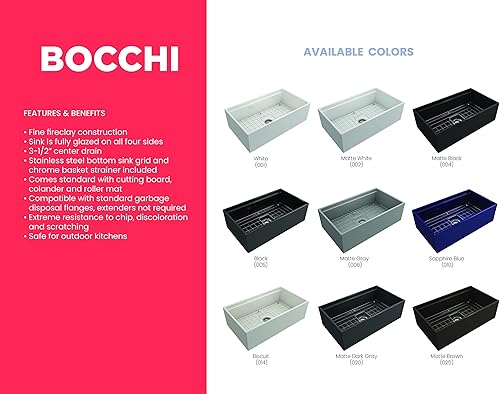 Miniatura 6 de BOCCHI Contempo - Delantal para estación de trabajo, con borde delantero, arcilla refractaria de 33 pulgadas, fregadero de cocina de un solo tazón