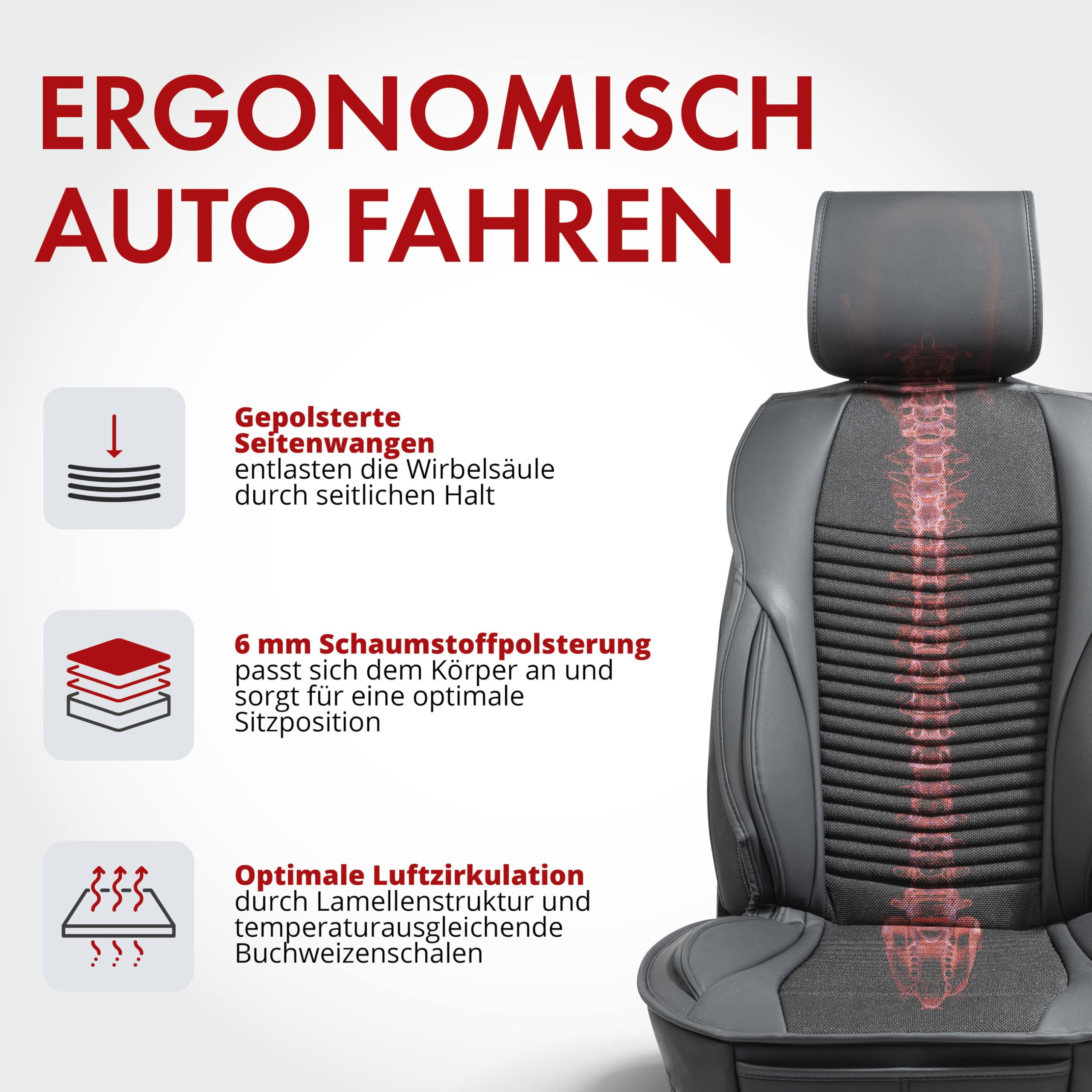 Walser Premium Sitzauflage Max, Ergonomischer Sitzschoner, Universal Sitzauflagen für Bequemes Fahren, Autositzauflage Vordersitze aus 100% Polyester, Sitzbezug Vordersitze