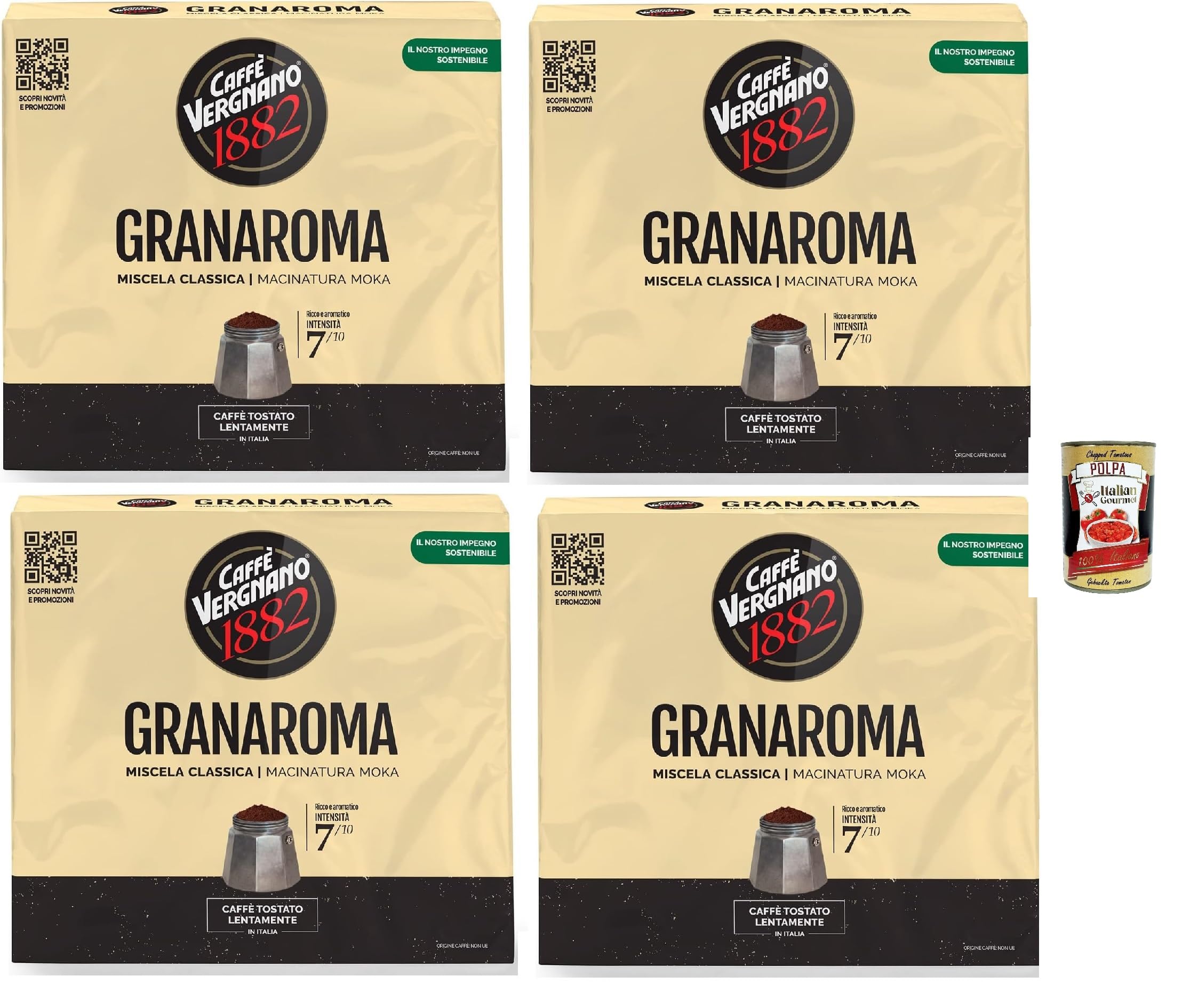 Caffè Vergnano 1882 Granaroma - Café molido Moka 8 x 250 g | Mezcla clásica | Intensidad 7/10 | Tostado lento | Aroma rico y aromático + Italian Gourmet Polpa 400g