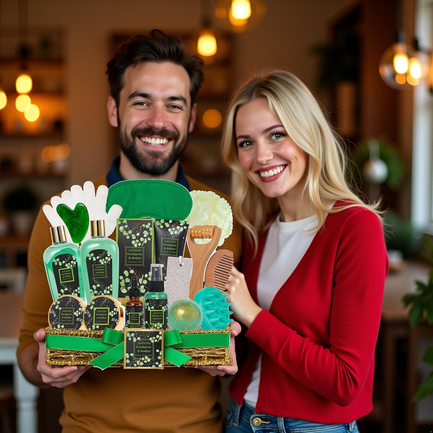 Home Spa Gift Basket, Bath Spa Kit for Women & Men, Bath & Shower Spa Gift Basket Set with Body Lotion, Shower Gel, Bubble Bath, Bath Bomb, Bath Gift Set for Mother, Wife Her, Eucalyptus & Amber Scent - Image 4