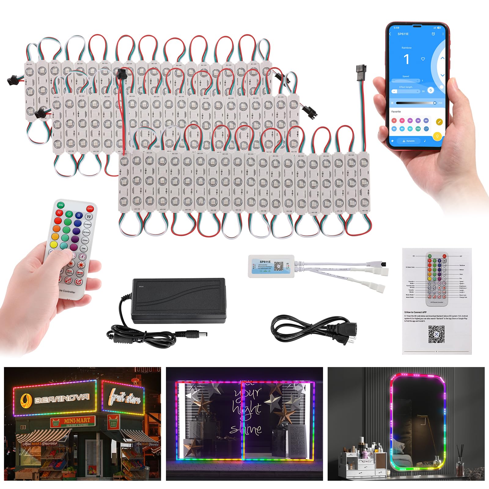 BEAMNOVA 30Ft Stip Lights Kit, 60pcs RGB LED Modules, Remote, Bluetooth App Control, DC 12V Voltage Transformer, Adhesive Waterproof Commercial Storefront Lights, Small Lens